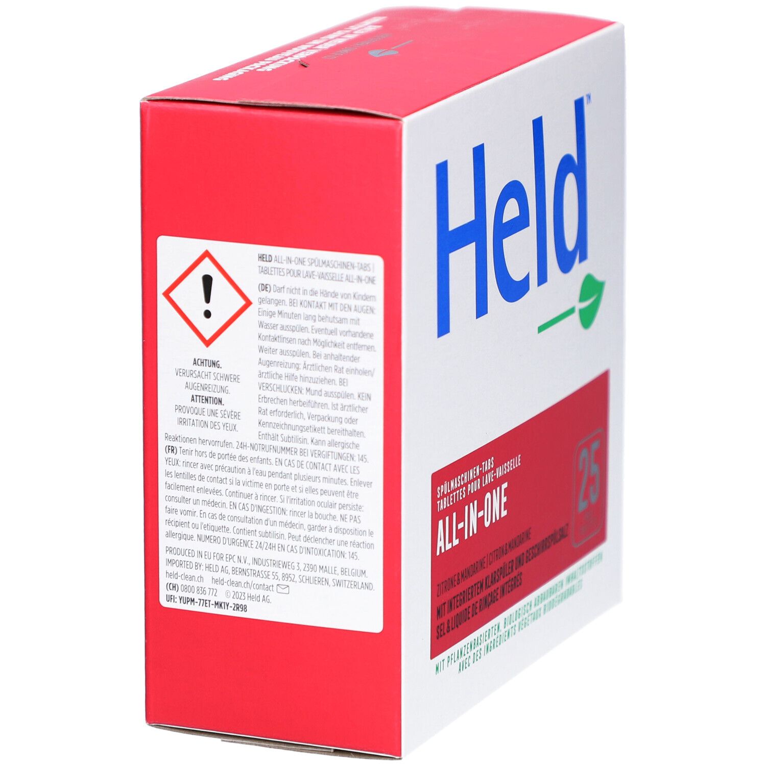 Kartonbox mit rotem Deckel und weißer Seite. "Held" Logo, grüne Blatt-Grafik und Warnhinweis-Symbol sind sichtbar.