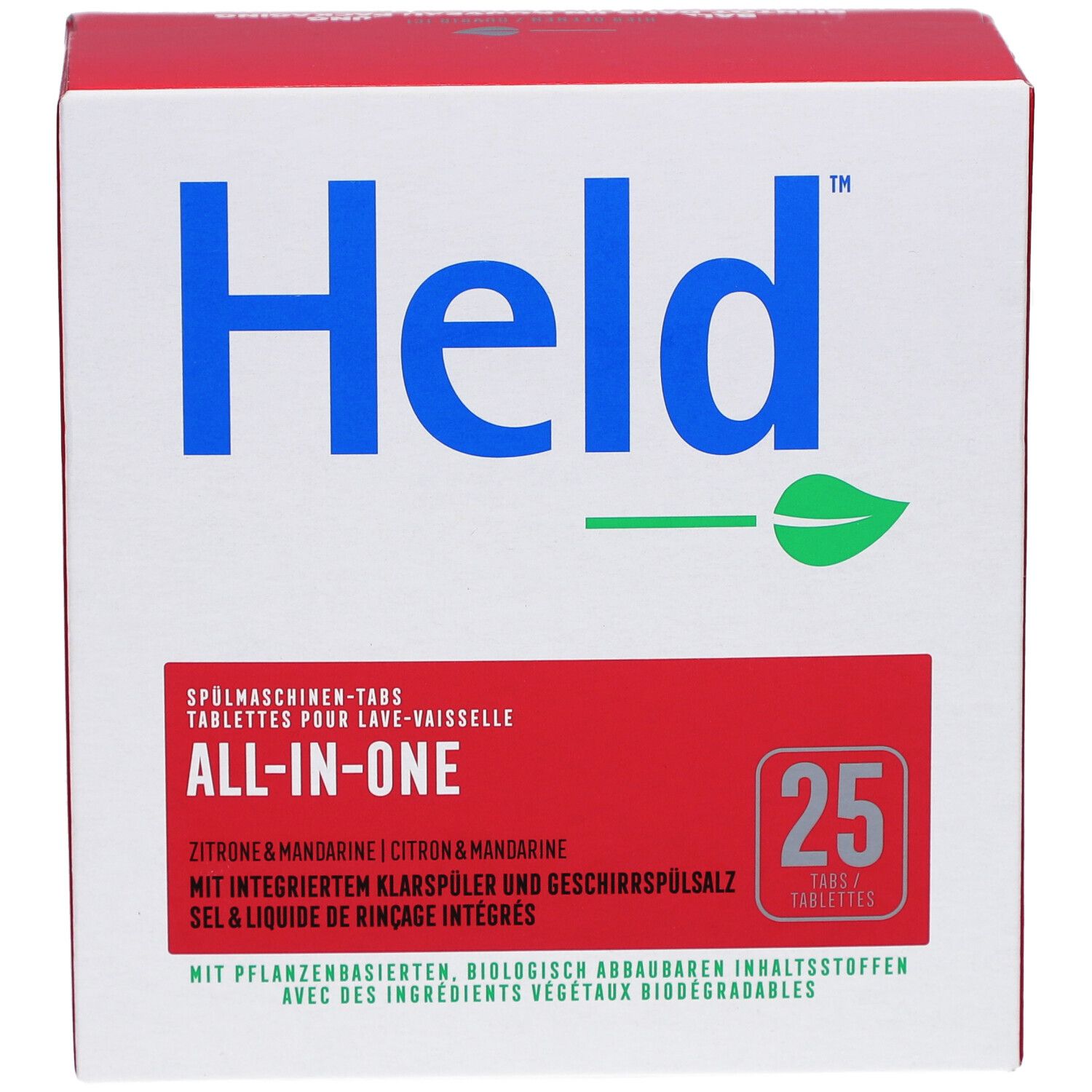Weiß-rote Kartonbox mit blauem "Held" Logo und grüner Blatt-Grafik. "All-in-One" und "25 Tabletten" sind sichtbar.