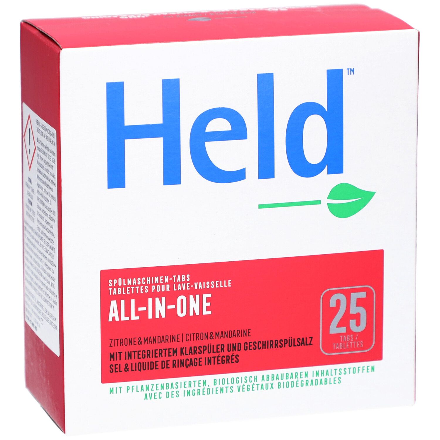 Weiß-rote Kartonbox mit blauem "Held" Logo und grüner Blatt-Grafik. "All-in-One" und "25 Tabletten" sind sichtbar.