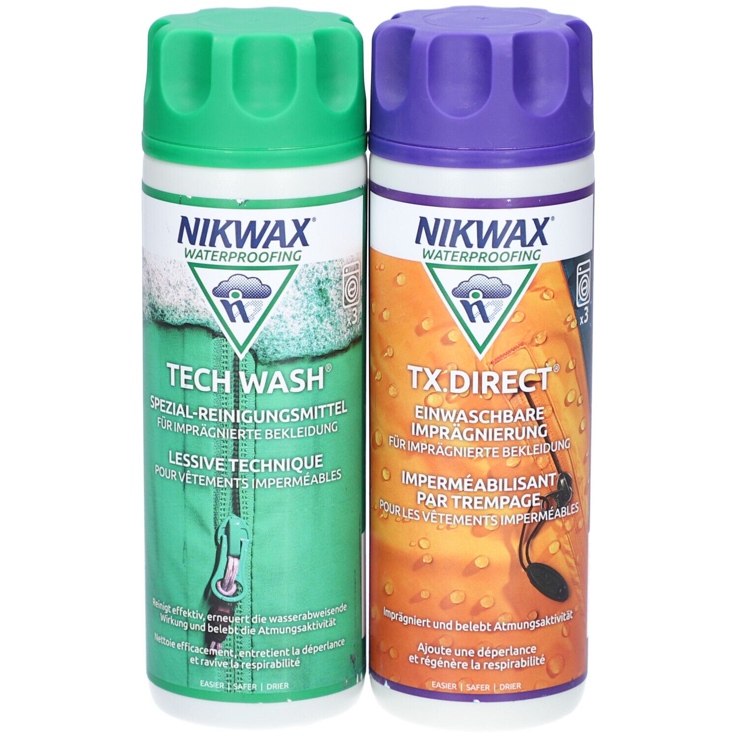 Zwei Flaschen Nikwax Tech Wash und TX.Direct. Grün und lila. Text: Spezial-Reinigungsmittel und Einwaschbare Imprägnierung.