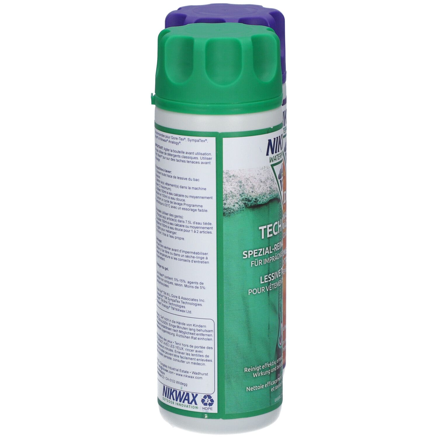 Nikwax Tech Wash und TX.Direct Flaschen, grün und lila. Rückseite mit Text. Recycling-Symbol. Text: Spezial-Reinigungsmittel.