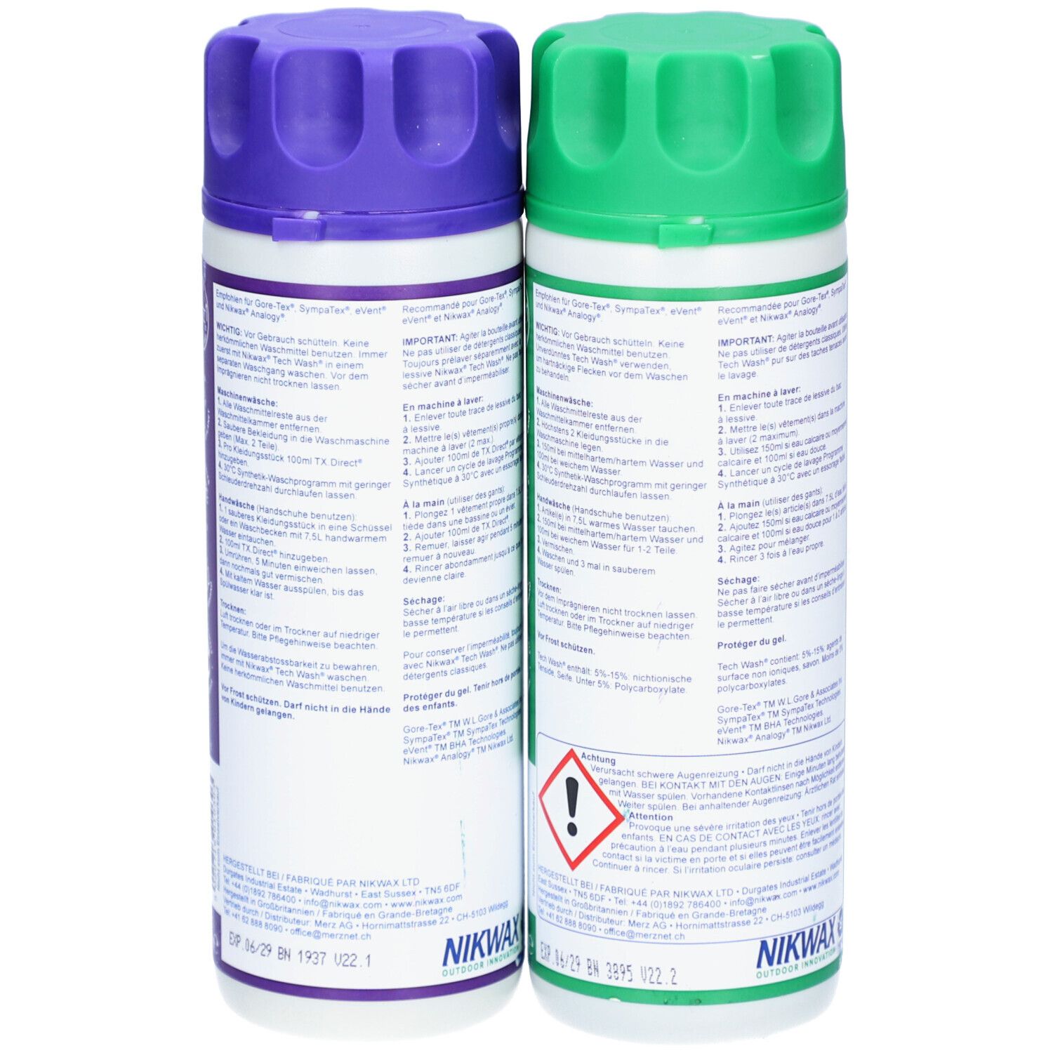 Rückseiten von Nikwax Tech Wash und TX.Direct Flaschen. Text in Deutsch. Warnhinweis. Recycling-Symbol. Text: Spezial-Reinigungsmittel.