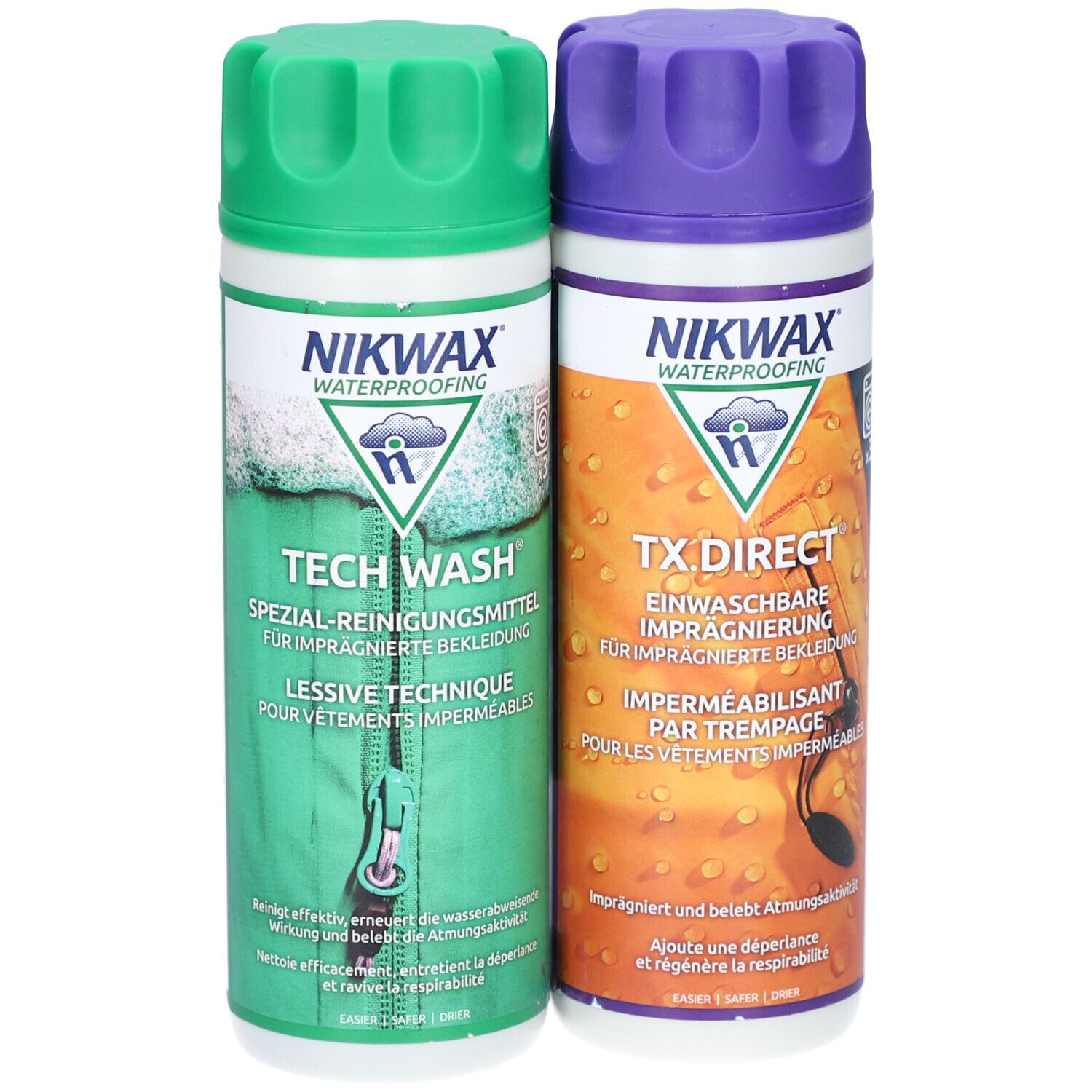 Zwei Flaschen Nikwax Tech Wash und TX.Direct. Grün und lila. Text: Spezial-Reinigungsmittel und Einwaschbare Imprägnierung.