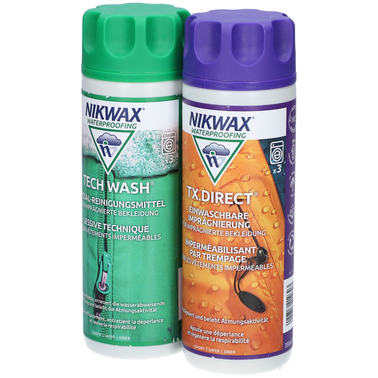 Zwei Flaschen Nikwax Tech Wash und TX.Direct. Grün und lila. Text: Spezial-Reinigungsmittel und Einwaschbare Imprägnierung. Waschsymbole.