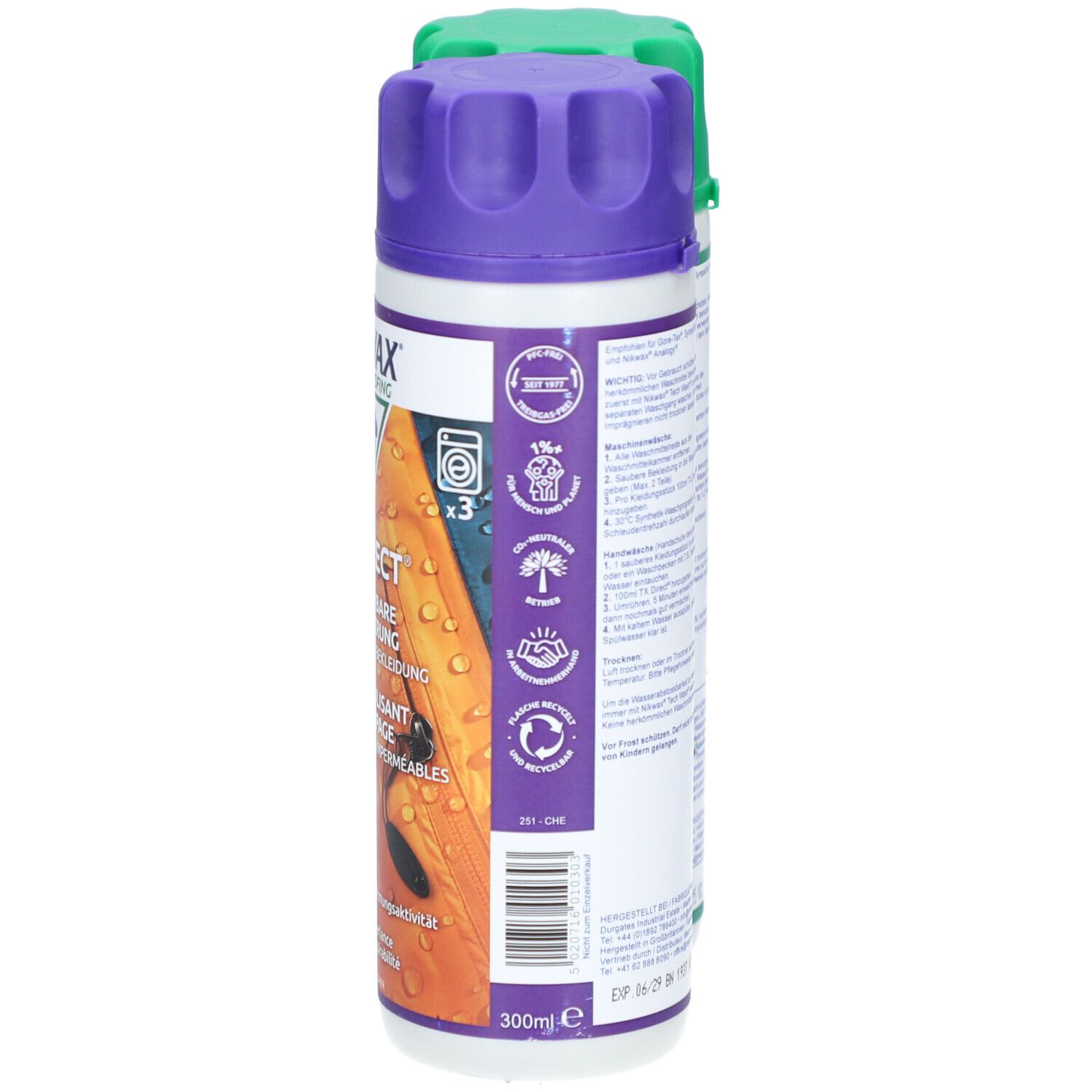Rückseite der Nikwax TX.Direct Flasche. Text und Waschsymbole. Volumen: 300ml. Text: Einwaschbare Imprägnierung.