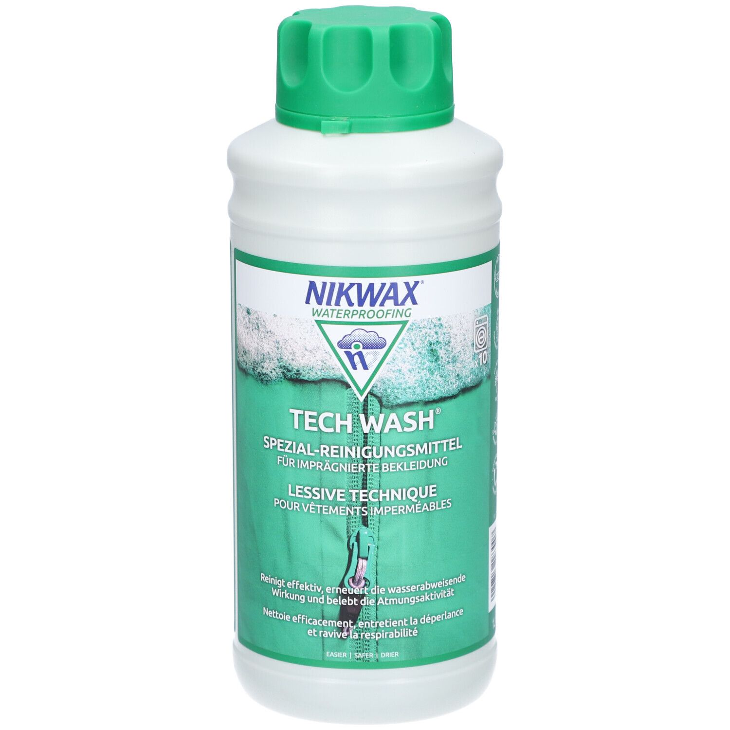 Weiße Flasche mit grünem Deckel. Aufschrift NIKWAX, TECH WASH. Spezial-Reinigungsmittel für imprägnierte Bekleidung.
