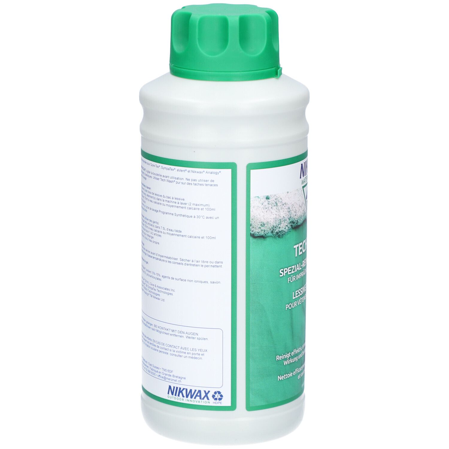 Rückseite der Flasche. Text in mehreren Sprachen. NIKWAX Logo. Grün-weiße Farbgebung. Produktinformationen und Hinweise.