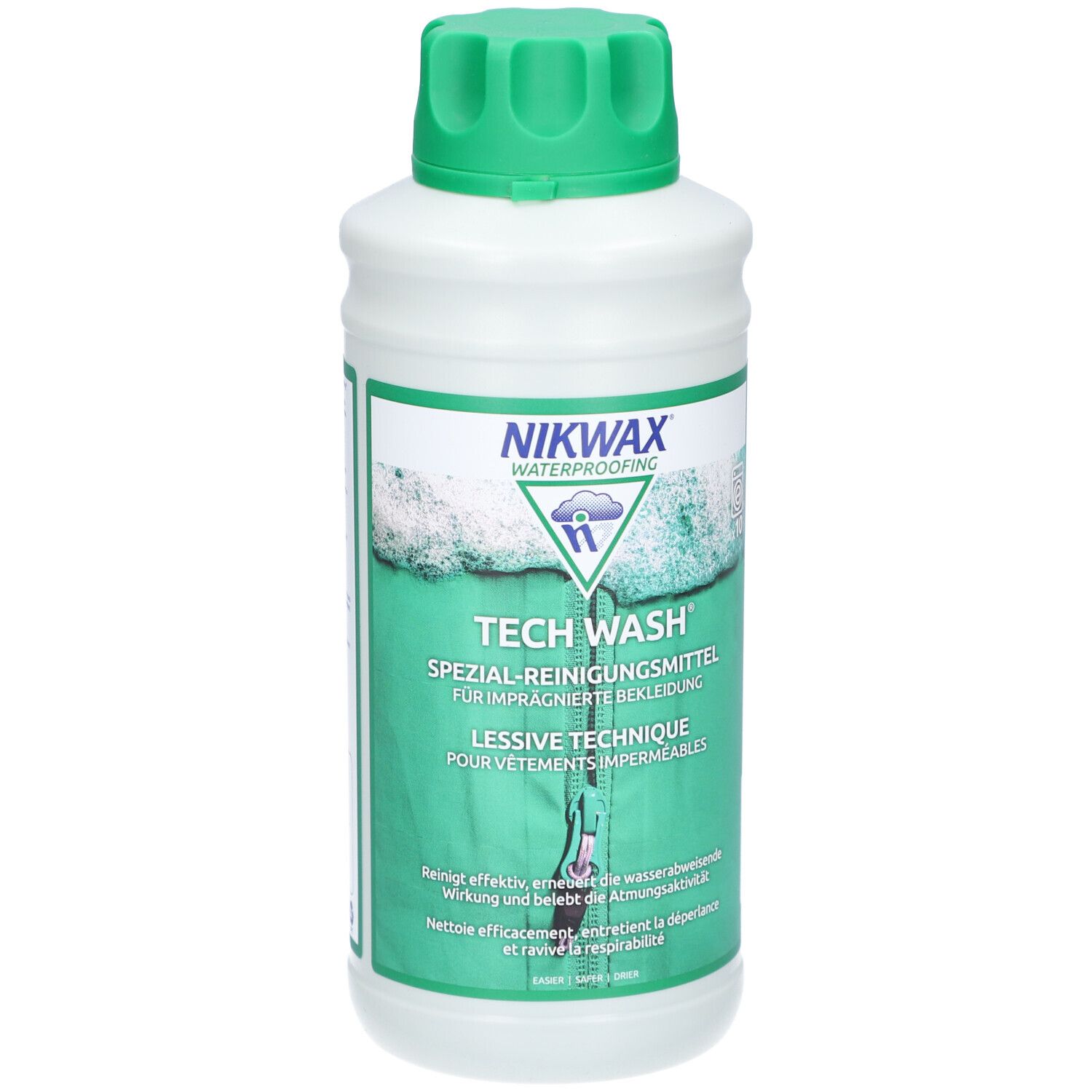 Weiße Flasche mit grünem Deckel. Aufschrift NIKWAX, TECH WASH. Spezial-Reinigungsmittel für imprägnierte Bekleidung.