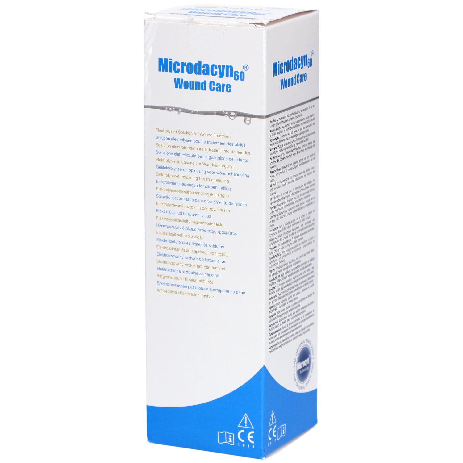 Boîte de Microdacyn60 Wound Care. Blanche avec base bleue. Texte multilingue. Marquage CE.