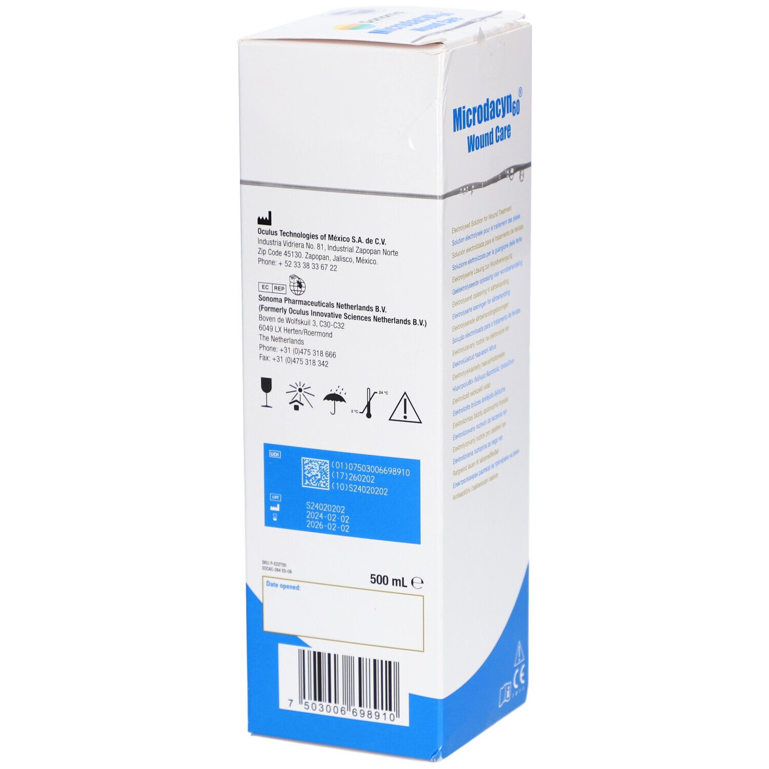 Dos de la boîte Microdacyn60 Wound Care. Boîte blanche avec base bleue. Contient des informations, des symboles et 500 ml.