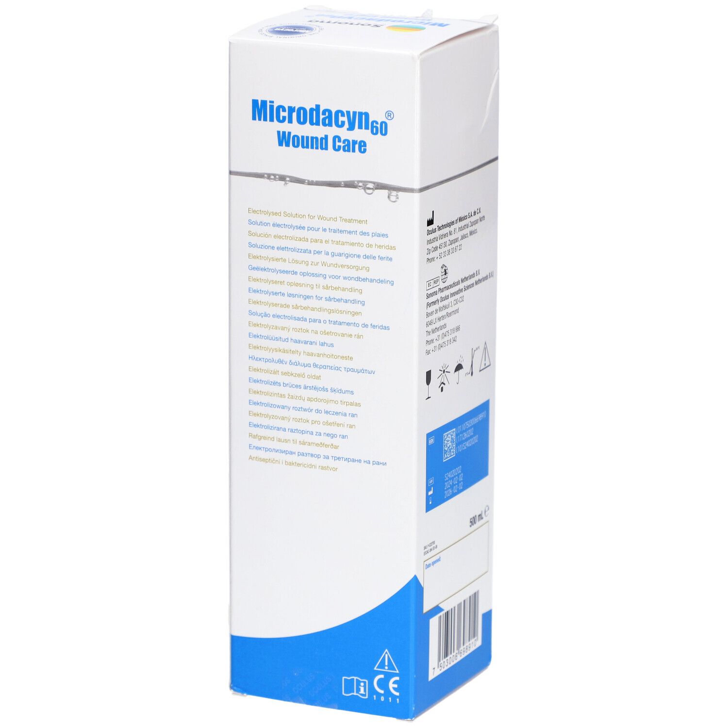 Boîte Microdacyn60 Wound Care. Blanche avec base bleue. Texte multilingue. Contient des informations et des symboles.