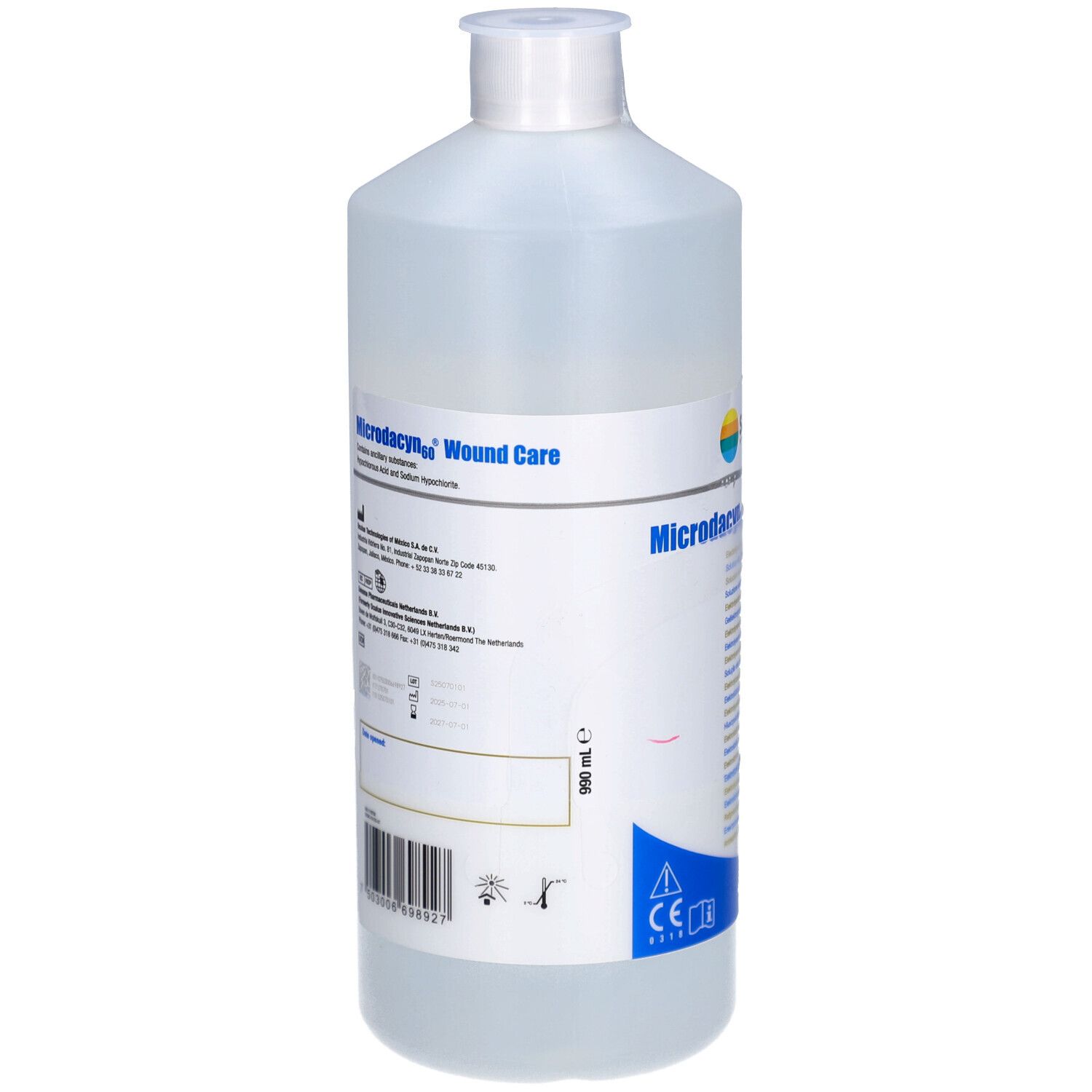 Transparente Flasche mit weißem Deckel. Aufschrift: Microdacyn60 Wound Care. Barcode und CE-Kennzeichnung.