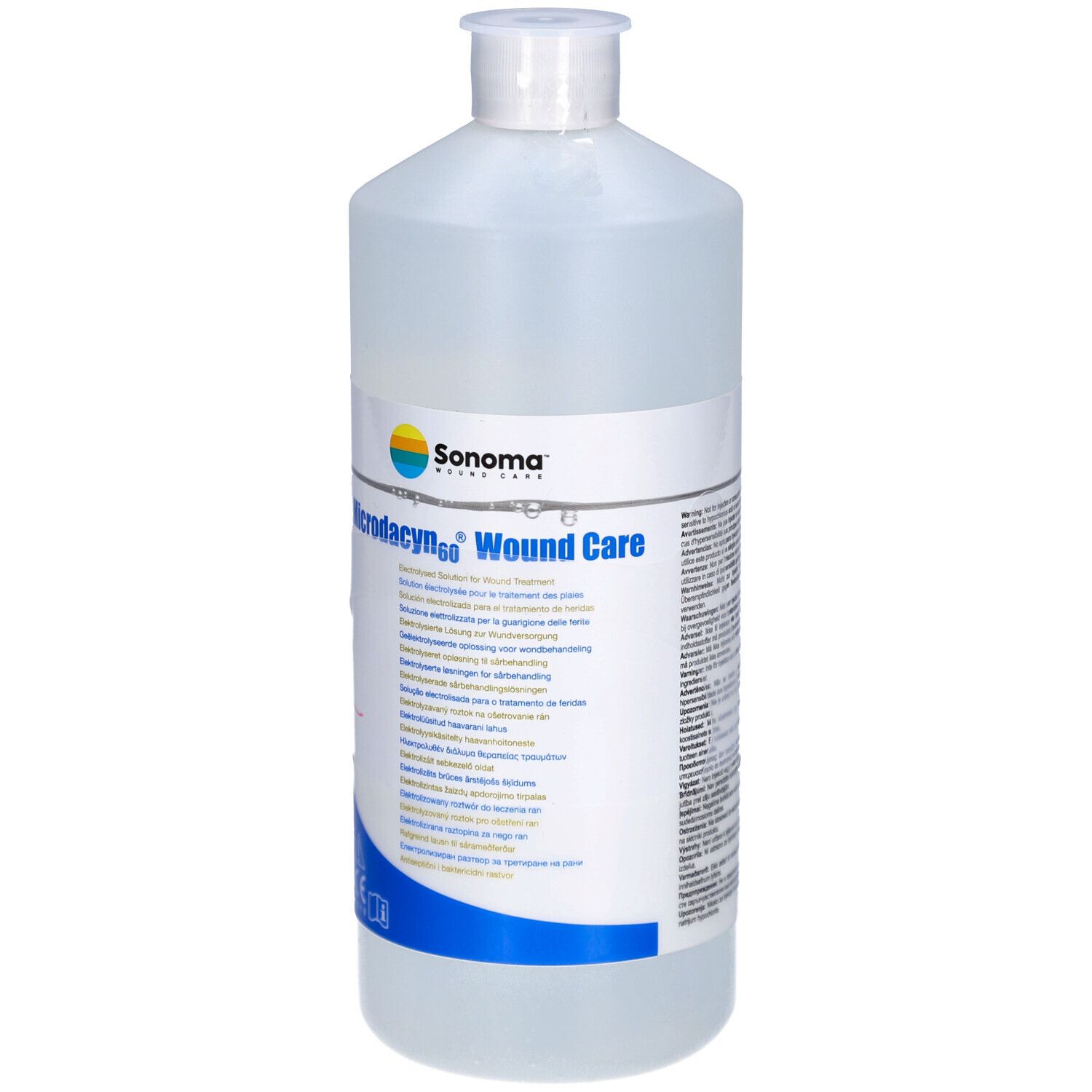 Transparente Flasche mit weißem Deckel. Aufschrift: Microdacyn60 Wound Care. Logo: Sonoma. CE-Kennzeichnung.