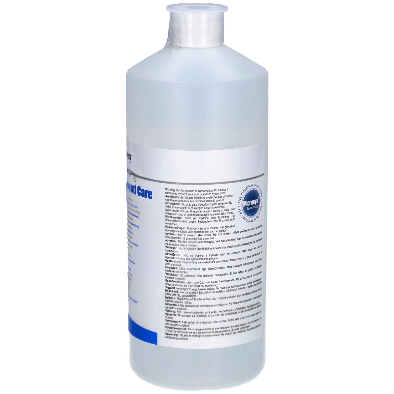 Transparente Flasche mit weißem Deckel. Aufschrift: Microdacyn60 Wound Care. Logo: Murnau. CE-Kennzeichnung.