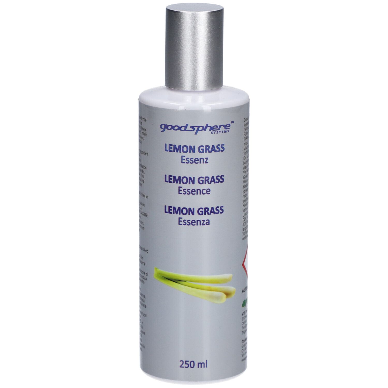 Flacon avec bouchon argenté. Inscription: Goodsphere Lemon Grass Essenz. Illustration de citronnelle. 250 ml.