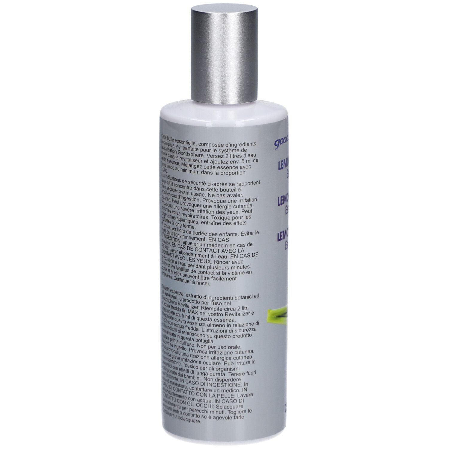 Dos du flacon. Texte en plusieurs langues. Illustration de citronnelle. Bouchon argenté.