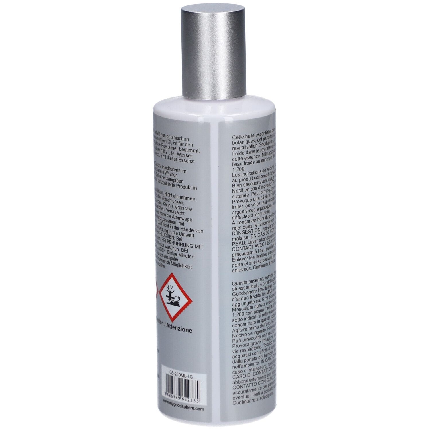 Dos du flacon. Texte en plusieurs langues. Symbole de danger. Bouchon argenté.