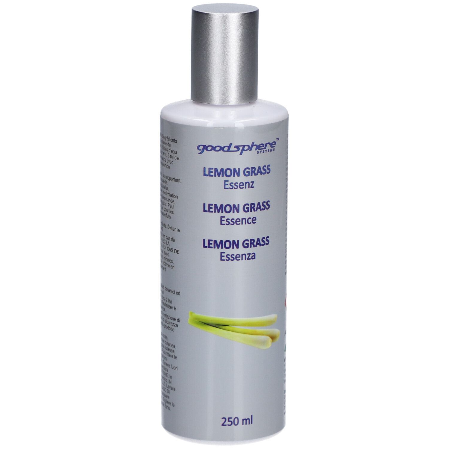 Flacon avec bouchon argenté. Inscription: Goodsphere Lemon Grass Essenz. Illustration de citronnelle. 250 ml.