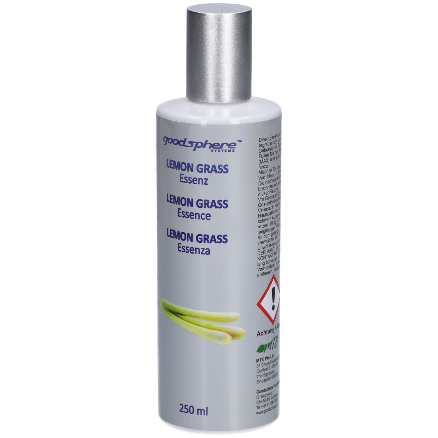 Flacon avec bouchon argenté. Inscription: Goodsphere Lemon Grass Essenz. Illustration de citronnelle. 250 ml. Symbole de danger.
