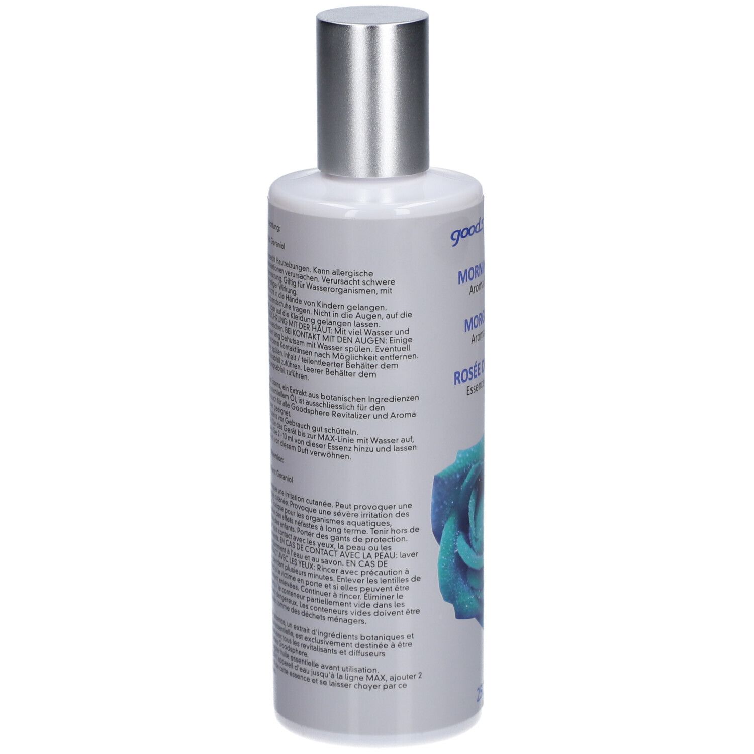 Dos du flacon. Texte multilingue. Image d'une rose bleue. Avertissements de sécurité et ingrédients.