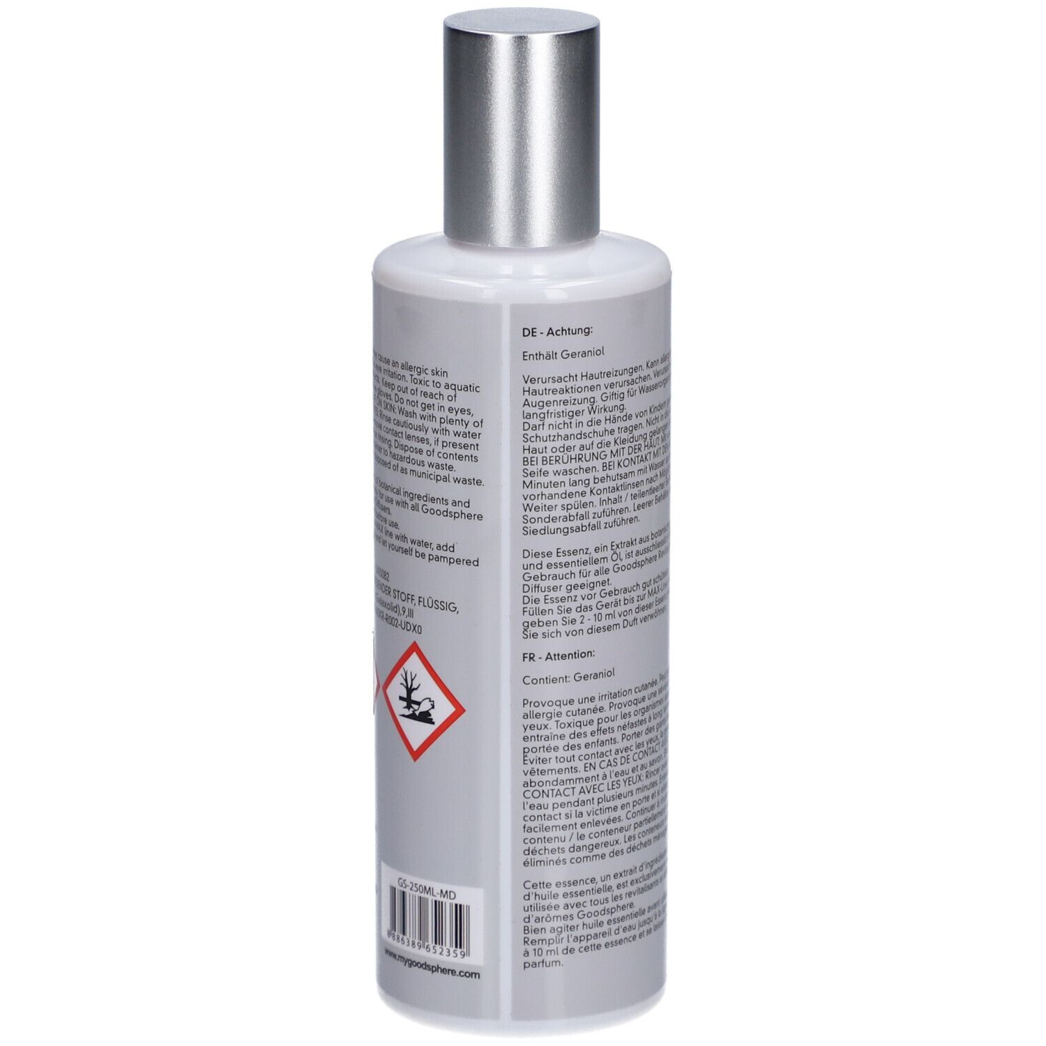 Dos du flacon. Texte en allemand et français. Contient du géraniol. Symboles de danger. Informations du fabricant.