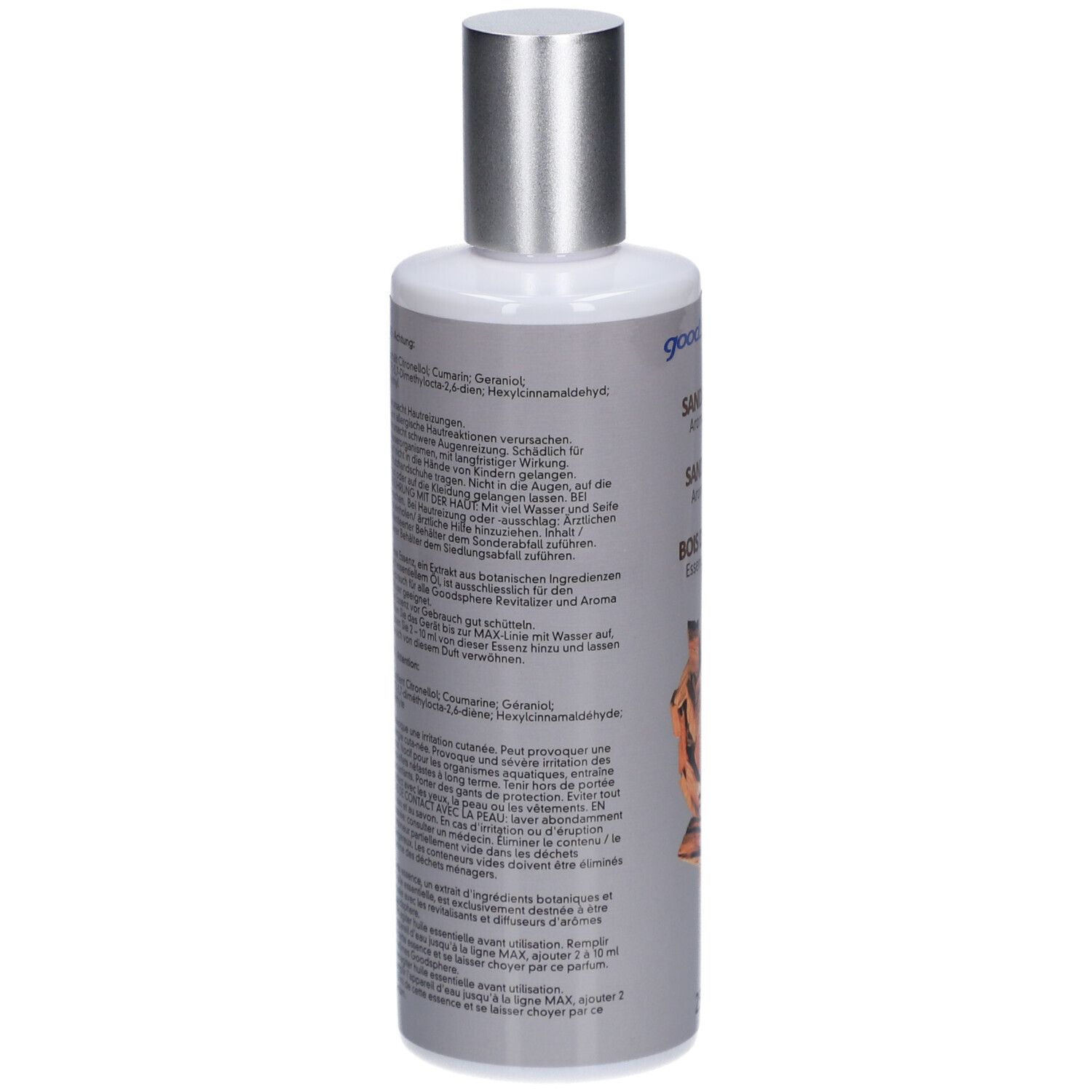 Flacon avec bouchon argenté. Dos avec texte en allemand et français. Contient des ingrédients.