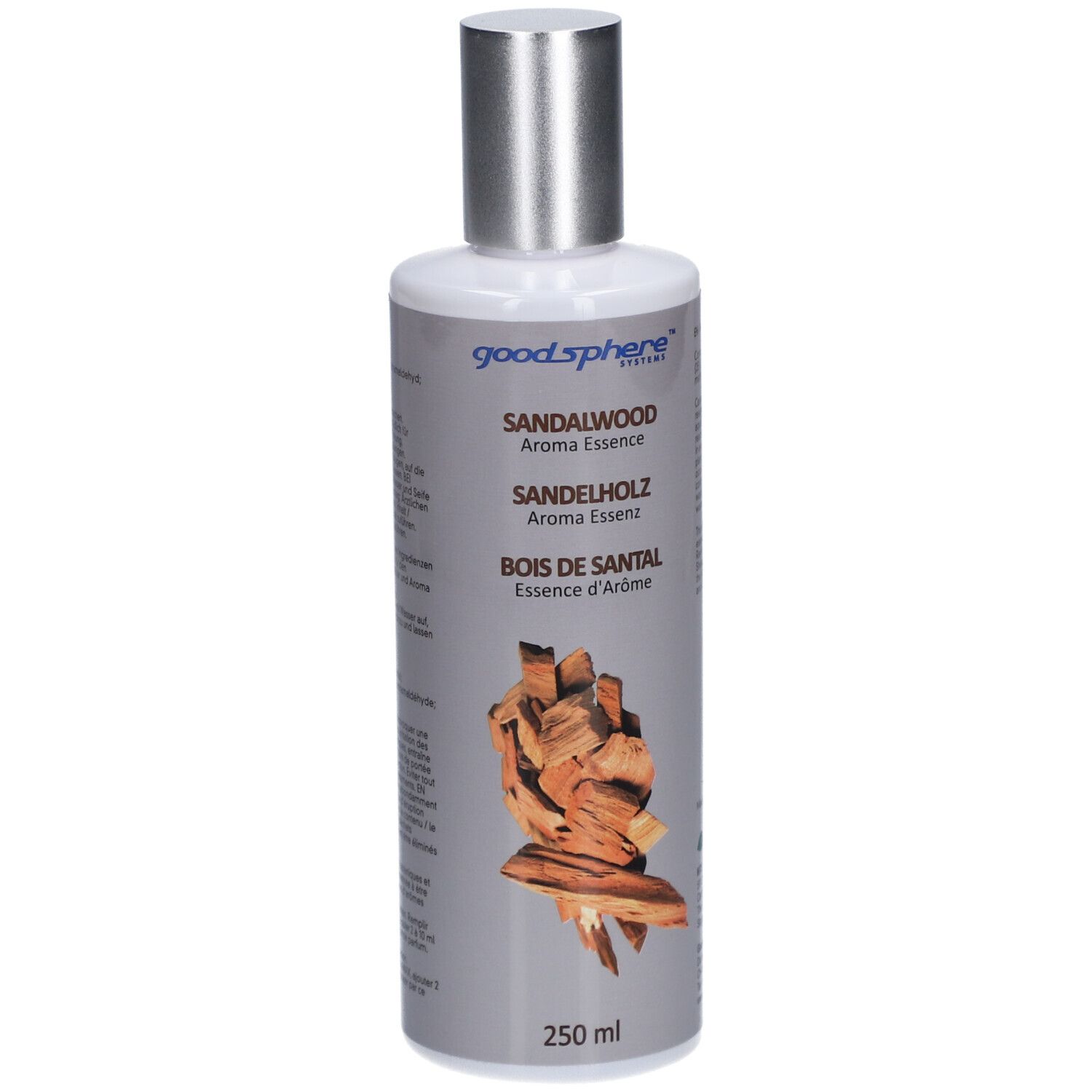 Flacon avec bouchon argenté. Inscription: Sandalwood Aroma Essence. Illustration de morceaux de bois. 250 ml.