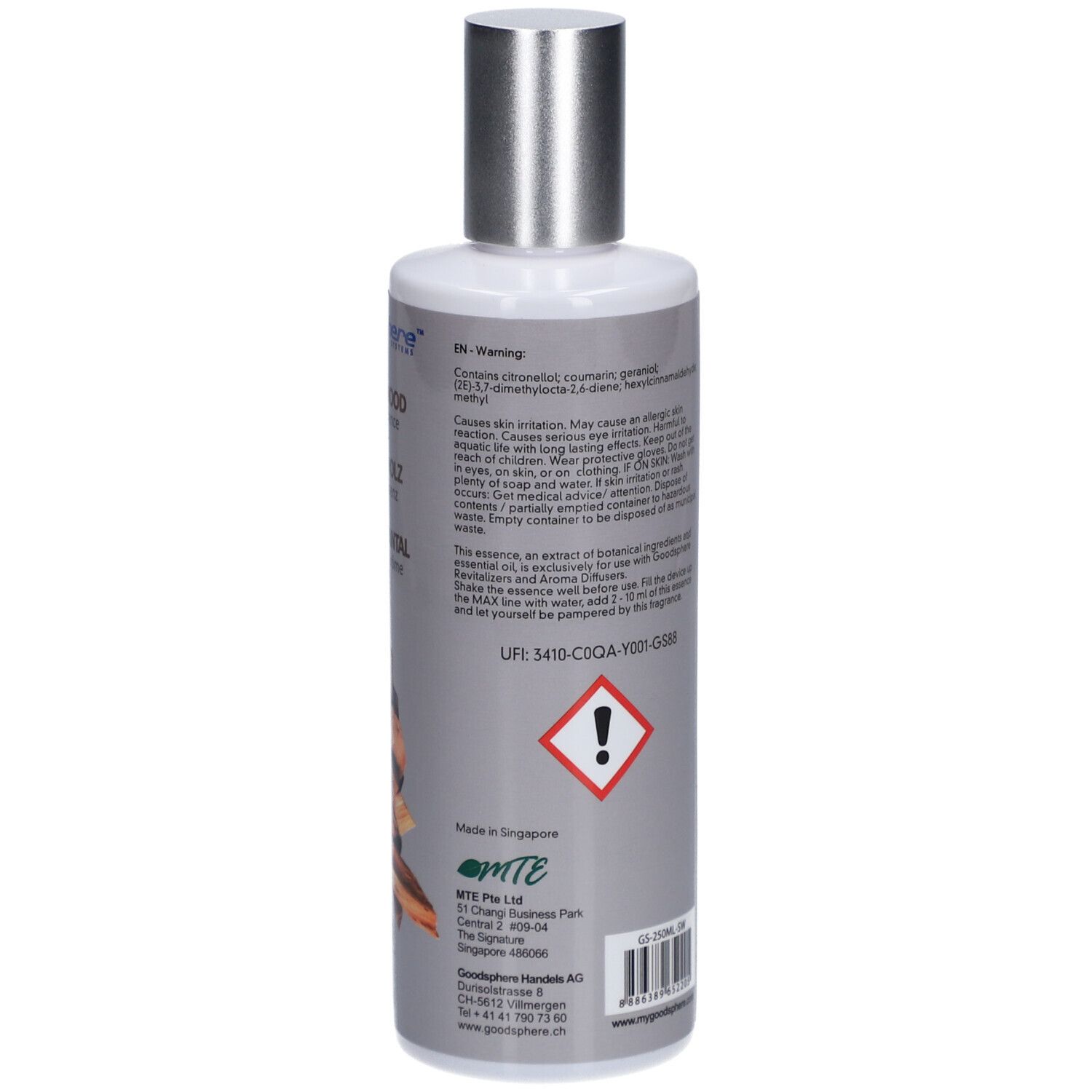 Flacon avec bouchon argenté. Dos avec texte en anglais. Contient des avertissements et des ingrédients.