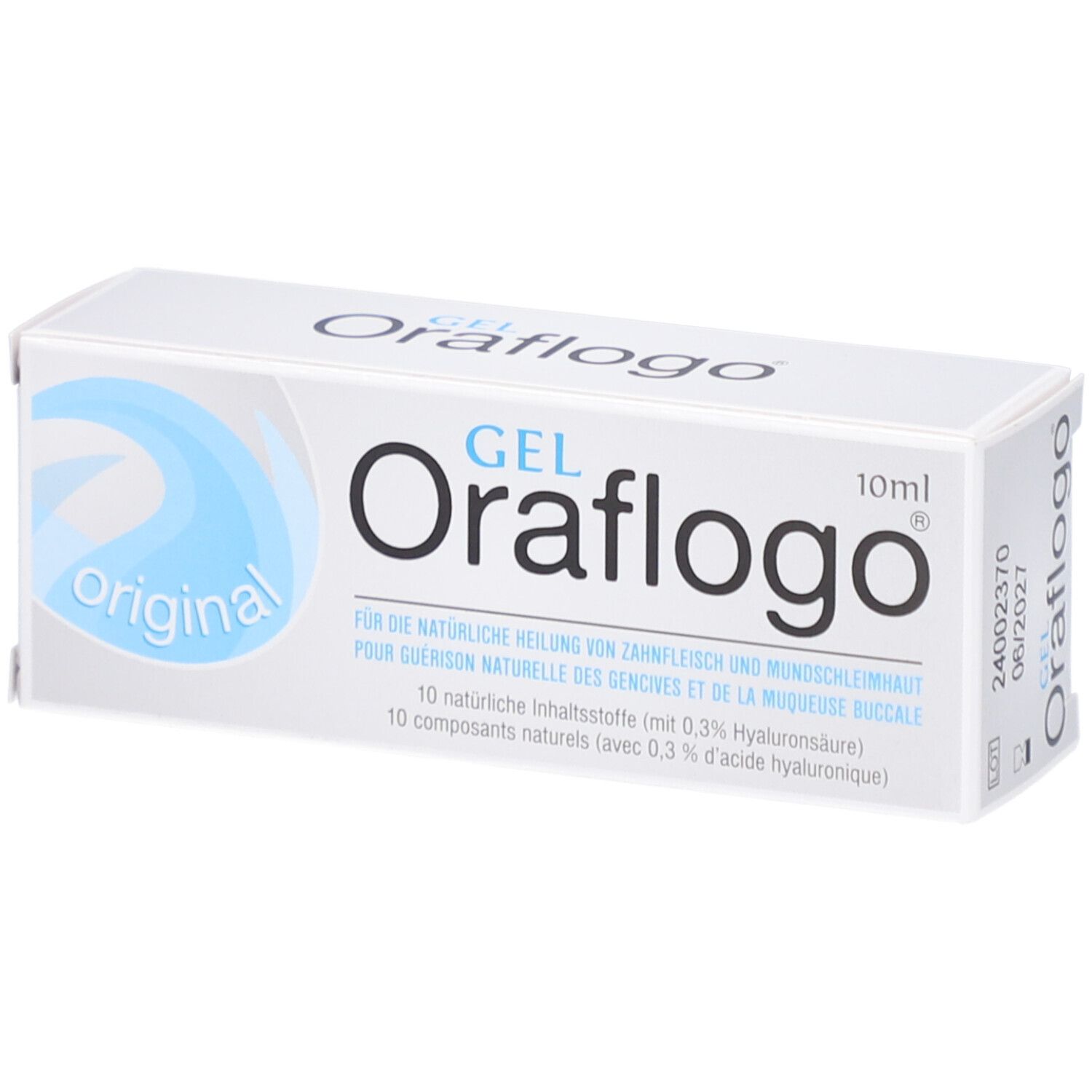 Boîte blanche avec design bleu. Oraflogo Gel, 10ml. Texte: Pour la guérison naturelle des gencives et de la muqueuse buccale.