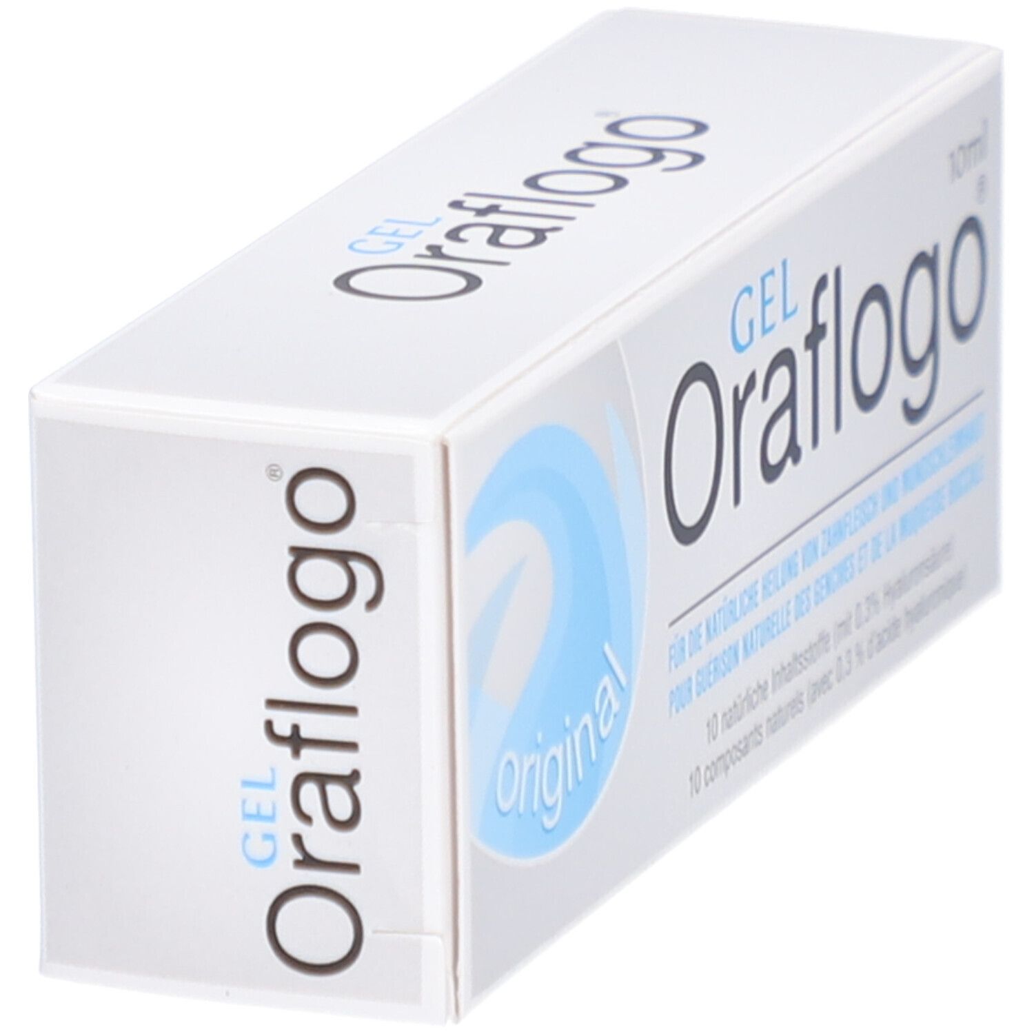 Boîte Oraflogo Gel, blanche avec design bleu. Impression: Oraflogo Gel, 10ml. Original. Vue en biais.