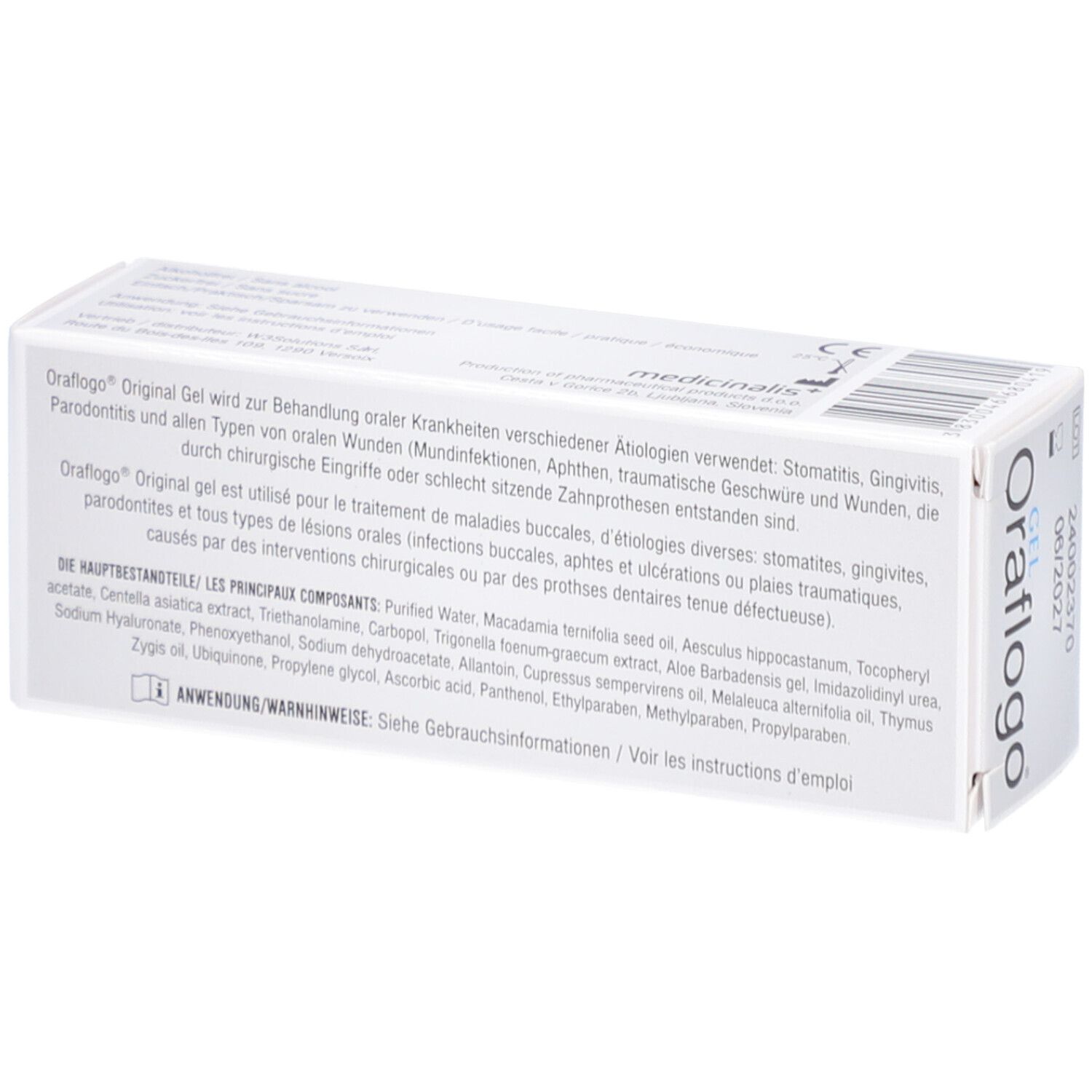 Dos de la boîte Oraflogo Gel. Texte: Ingrédients, instructions d'utilisation. Code-barres et numéro de lot.