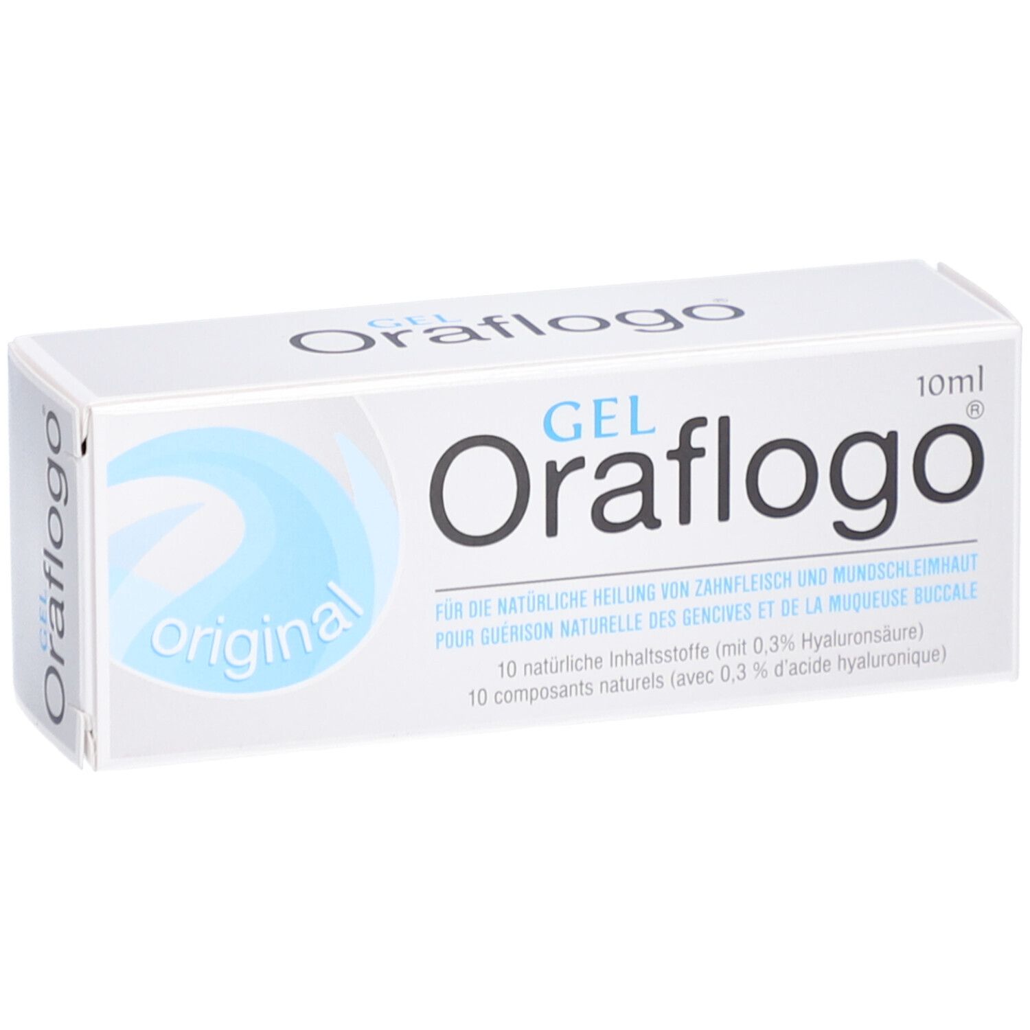 Boîte blanche avec design bleu. Oraflogo Gel, 10ml. Texte: Pour la guérison naturelle des gencives et de la muqueuse buccale.