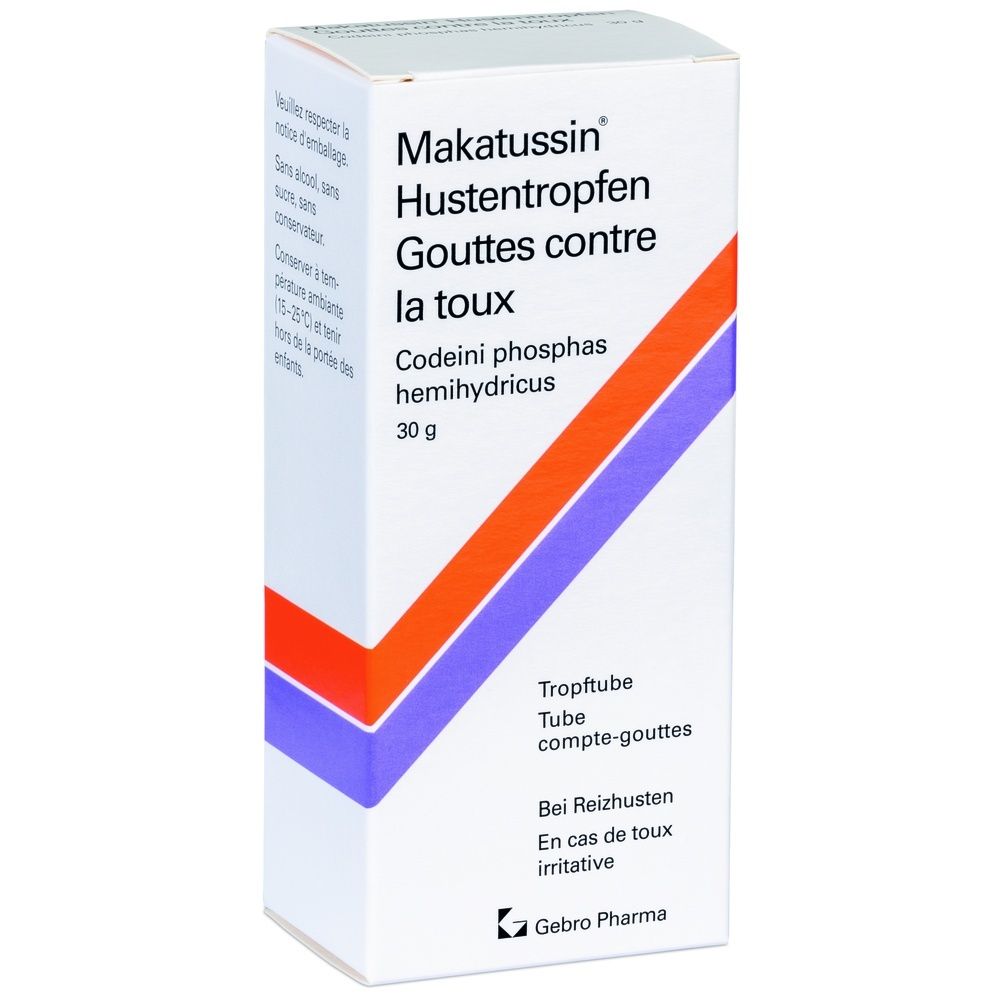 Weißer Karton mit orange-lila Streifen. Beschriftung: Makatussin Hustentropfen, Codeini phosphas, 30 g. Tropftube, Gebro Pharma.