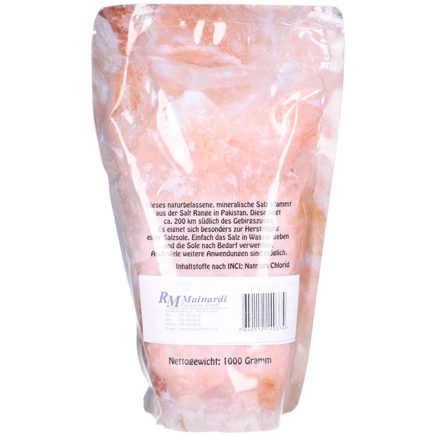 Dos de l'emballage avec du sel cristallin rose. Texte et code-barres. Poids net : 1000 grammes.