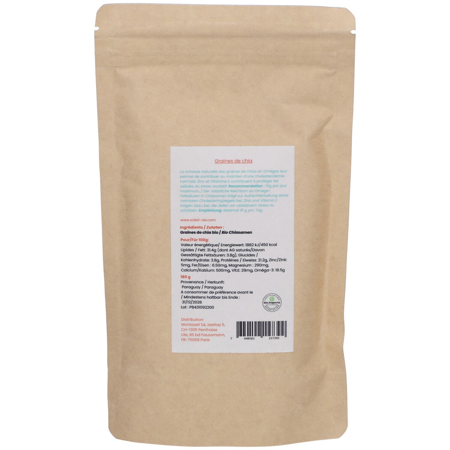 Sachet de graines de chia bio. Impression avec informations nutritionnelles et label bio. Emballage brun.