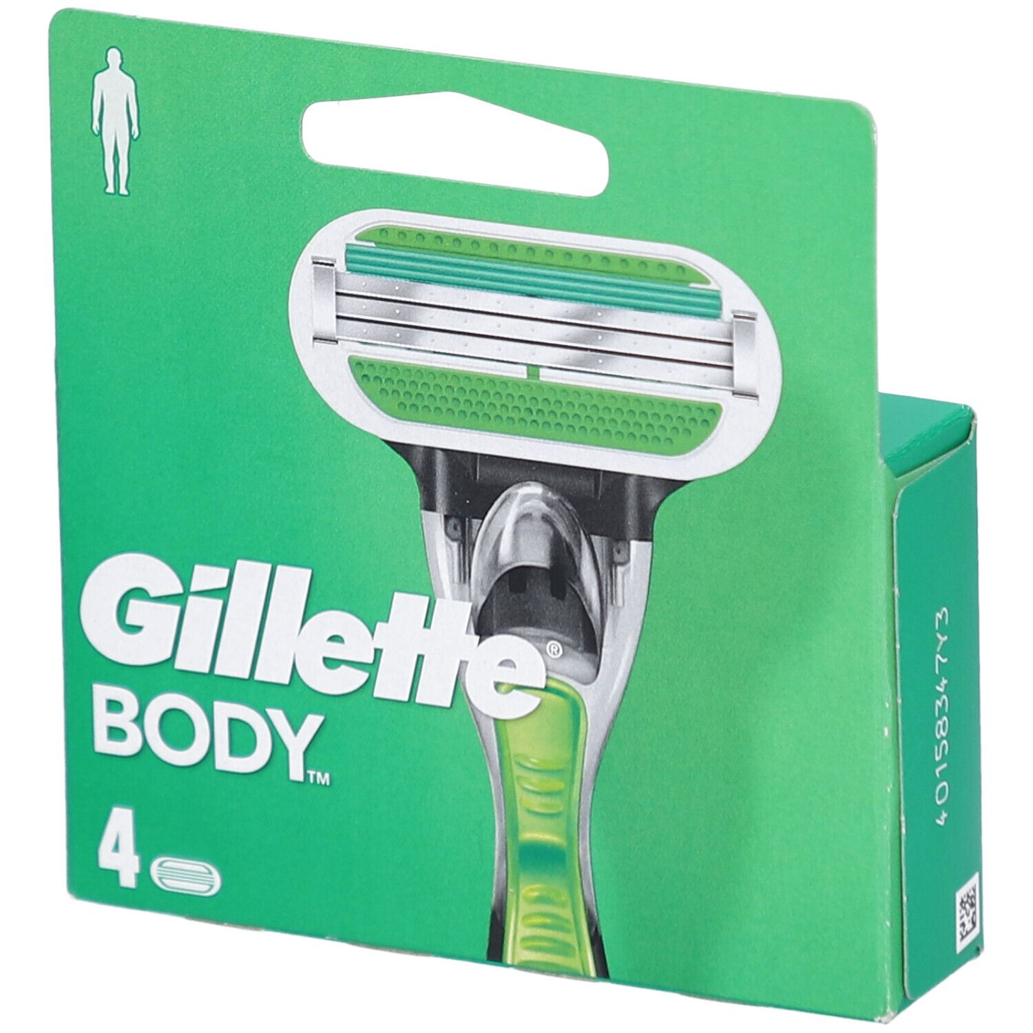 Verpackung mit Gillette Body Rasierklingen. Grün-weiße Verpackung mit Rasierer-Abbildung. Enthält 4 Klingen. Marke: Gillette Body.