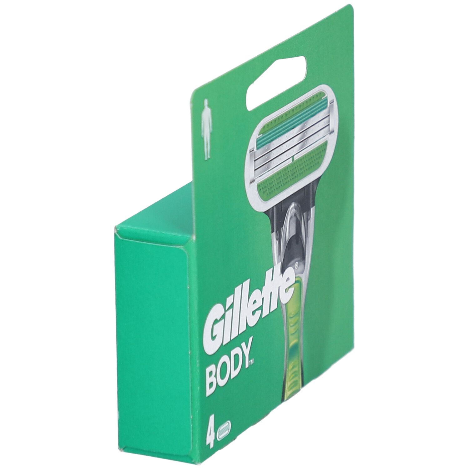 Gillette Body Rasierklingen-Verpackung, seitliche Ansicht. Grün-weiße Verpackung mit Rasierer-Abbildung. Marke: Gillette Body.
