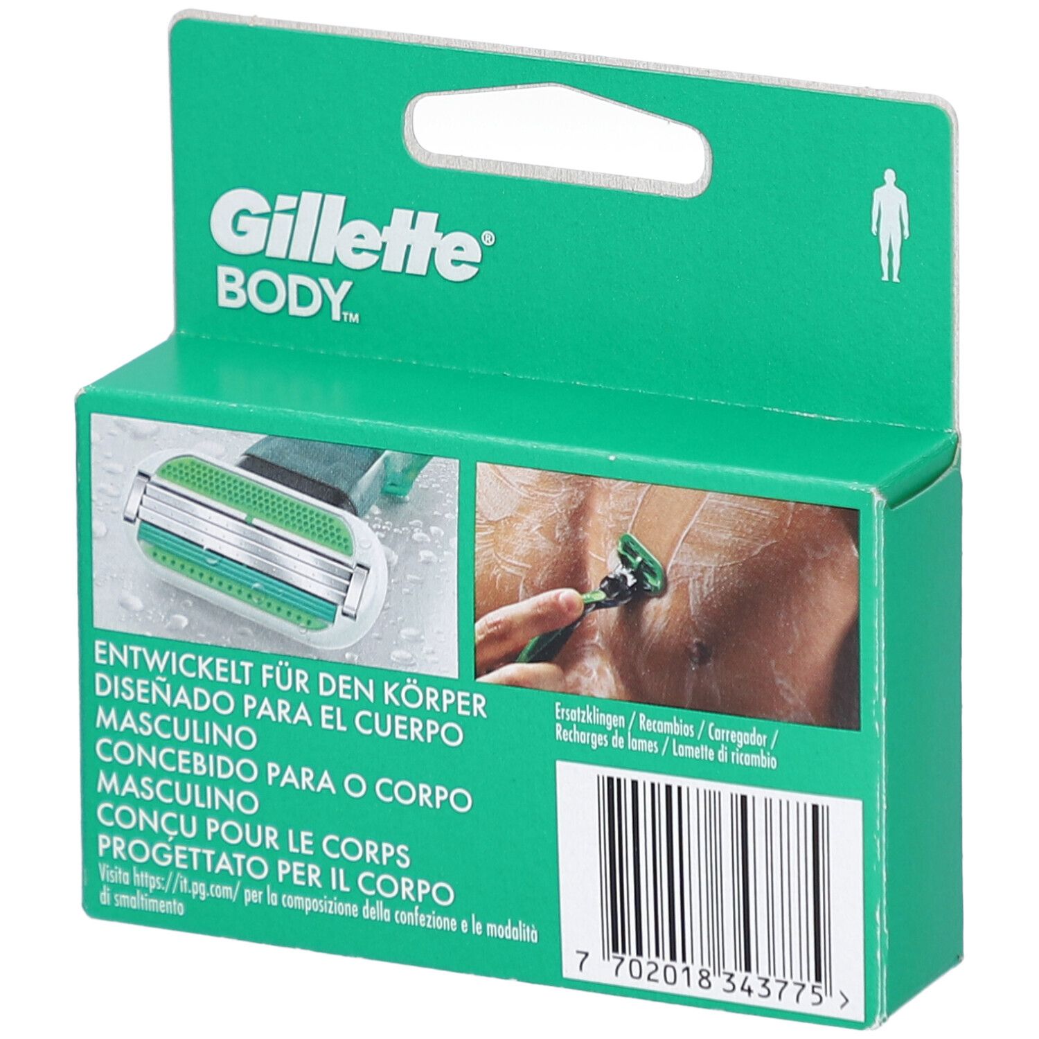 Rückseite der Gillette Body Verpackung. Text in mehreren Sprachen. Abbildung eines Mannes, der sich rasiert. Marke: Gillette Body.