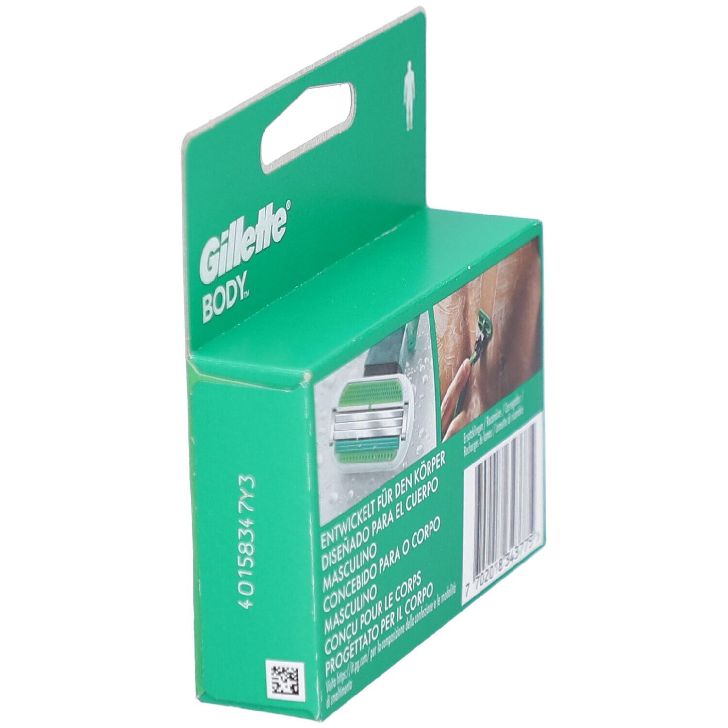 Gillette Body Verpackung, seitliche Rückansicht. Grün-weiße Verpackung. Text in mehreren Sprachen. Marke: Gillette Body.