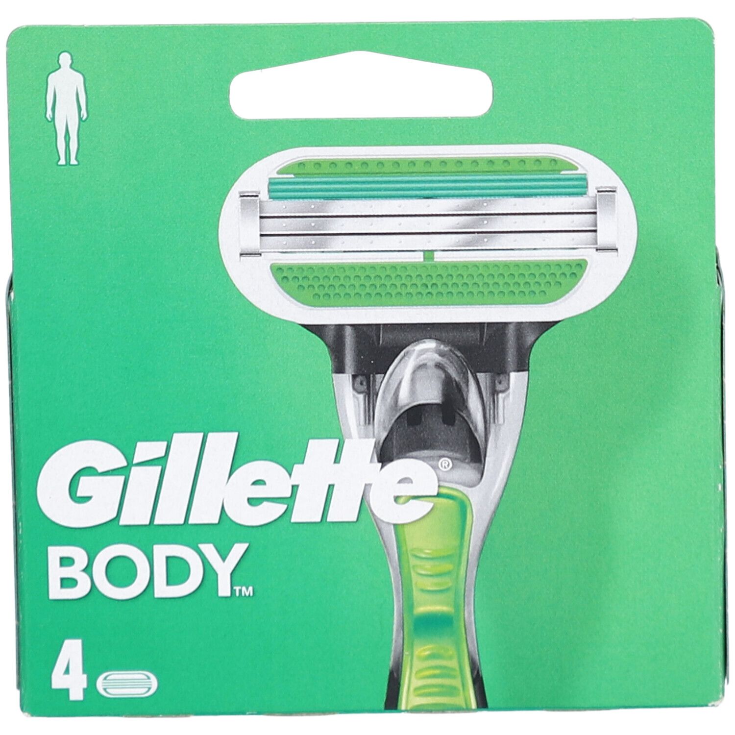 Gillette Body Rasierklingen-Verpackung. Grün-weiße Verpackung mit Rasierer-Abbildung. Enthält 4 Klingen. Marke: Gillette Body.