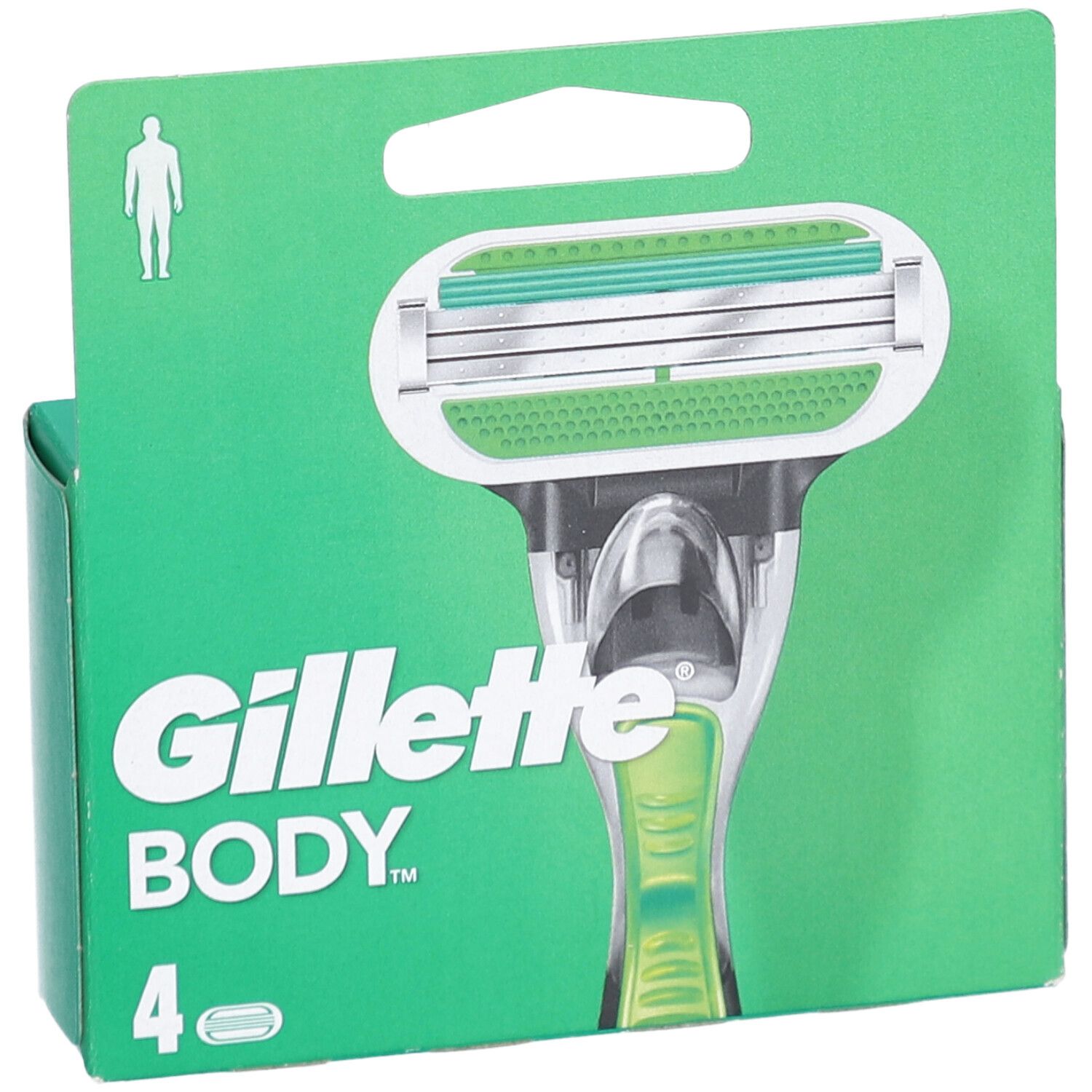 Gillette Body Rasierklingen-Verpackung. Grün-weiße Verpackung mit Rasierer-Abbildung. Enthält 4 Klingen. Marke: Gillette Body.