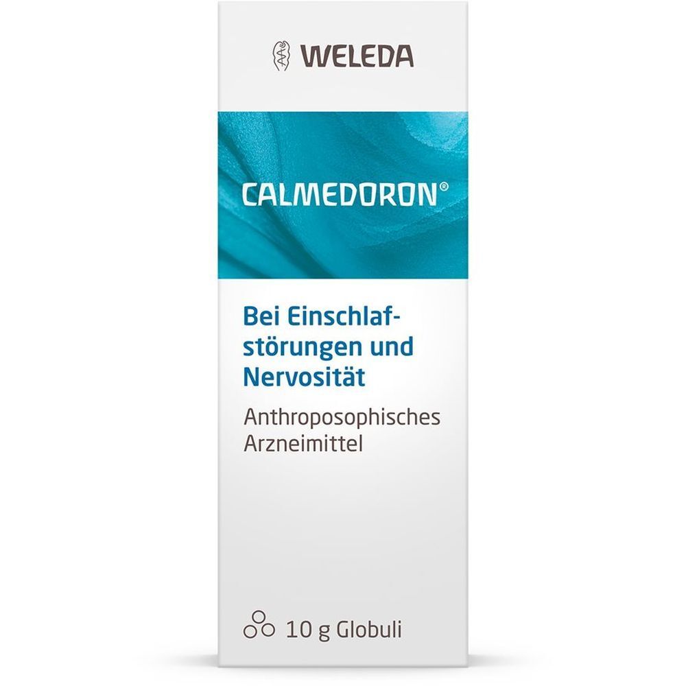 Weiße Verpackung mit blauer Schrift und Wellenmuster. Oben steht "WELEDA", darunter "CALMEDORON". Text: "Bei Einschlafstörungen und Nervosität".