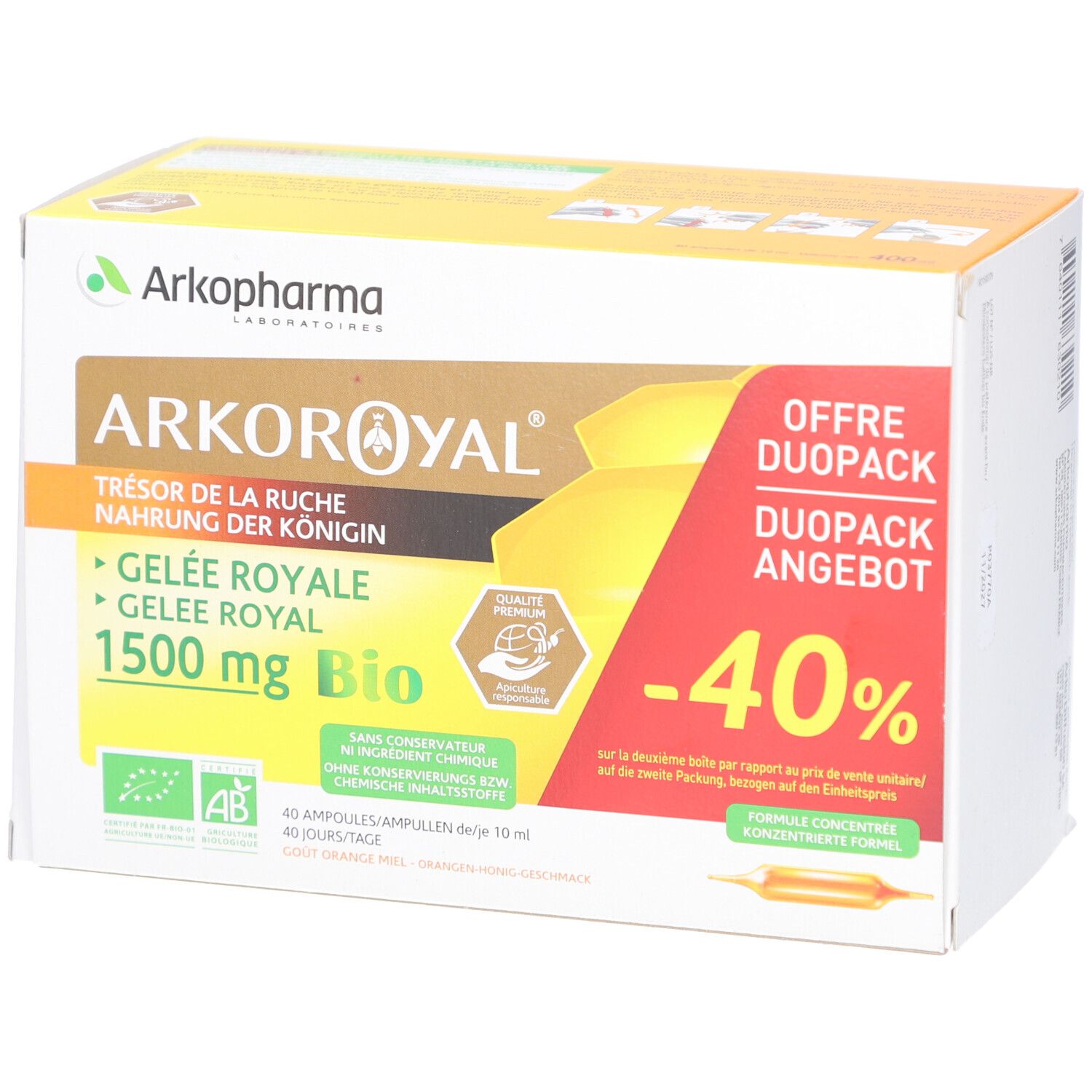 Boîte ARKOROYAL Gelée Royale 1500 mg Bio Duo. Contient 40 ampoules. Label bio et autocollant -40% de réduction.
