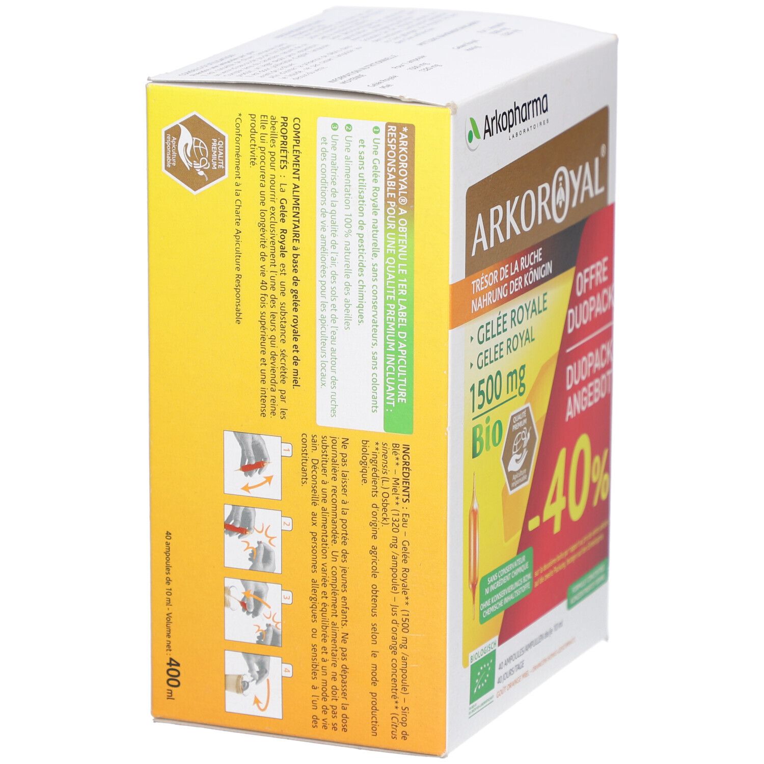Vue latérale de la boîte ARKOROYAL Gelée Royale 1500 mg Bio Duo. Texte avec ingrédients et conseils d'utilisation.