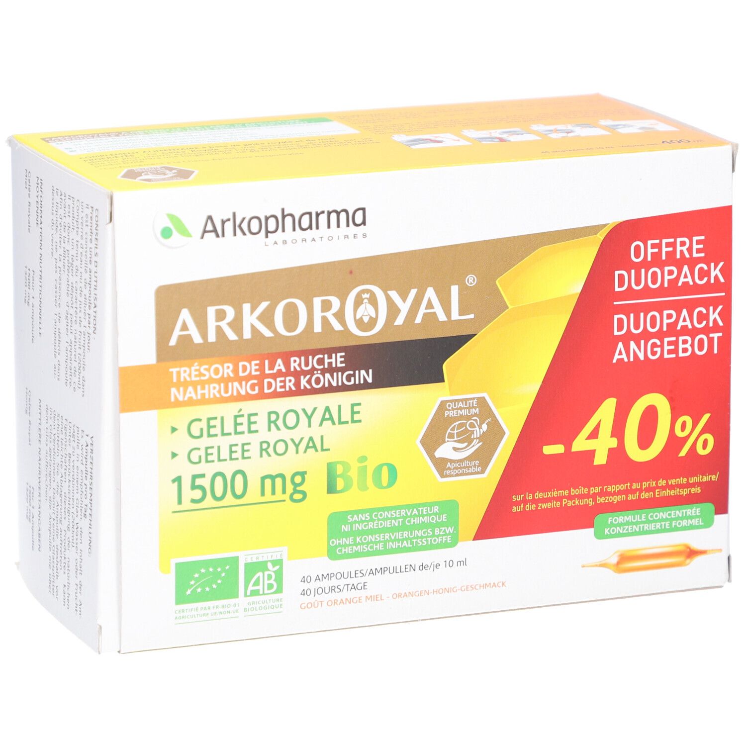 Boîte ARKOROYAL Gelée Royale 1500 mg Bio Duo. Avec label bio, réduction -40% et illustration d'une ampoule.