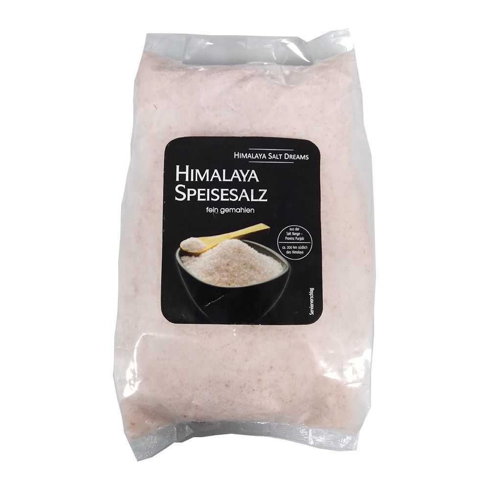 Emballage transparent contenant du sel rose. Étiquette noire avec nom et illustration du produit. Texte "Himalaya Speisesalz".