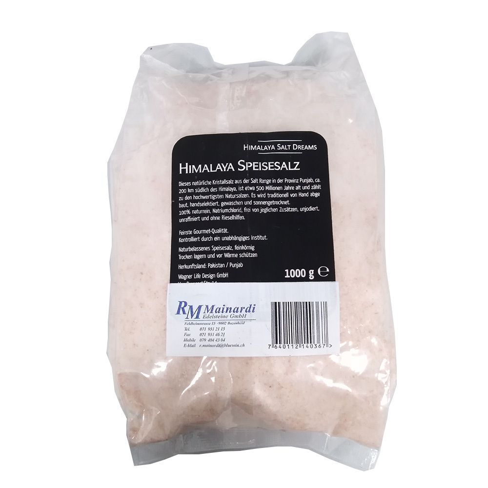 Emballage transparent avec sel rose. Étiquette noire avec texte. "Himalaya Speisesalz" et autres informations. 1000 g.
