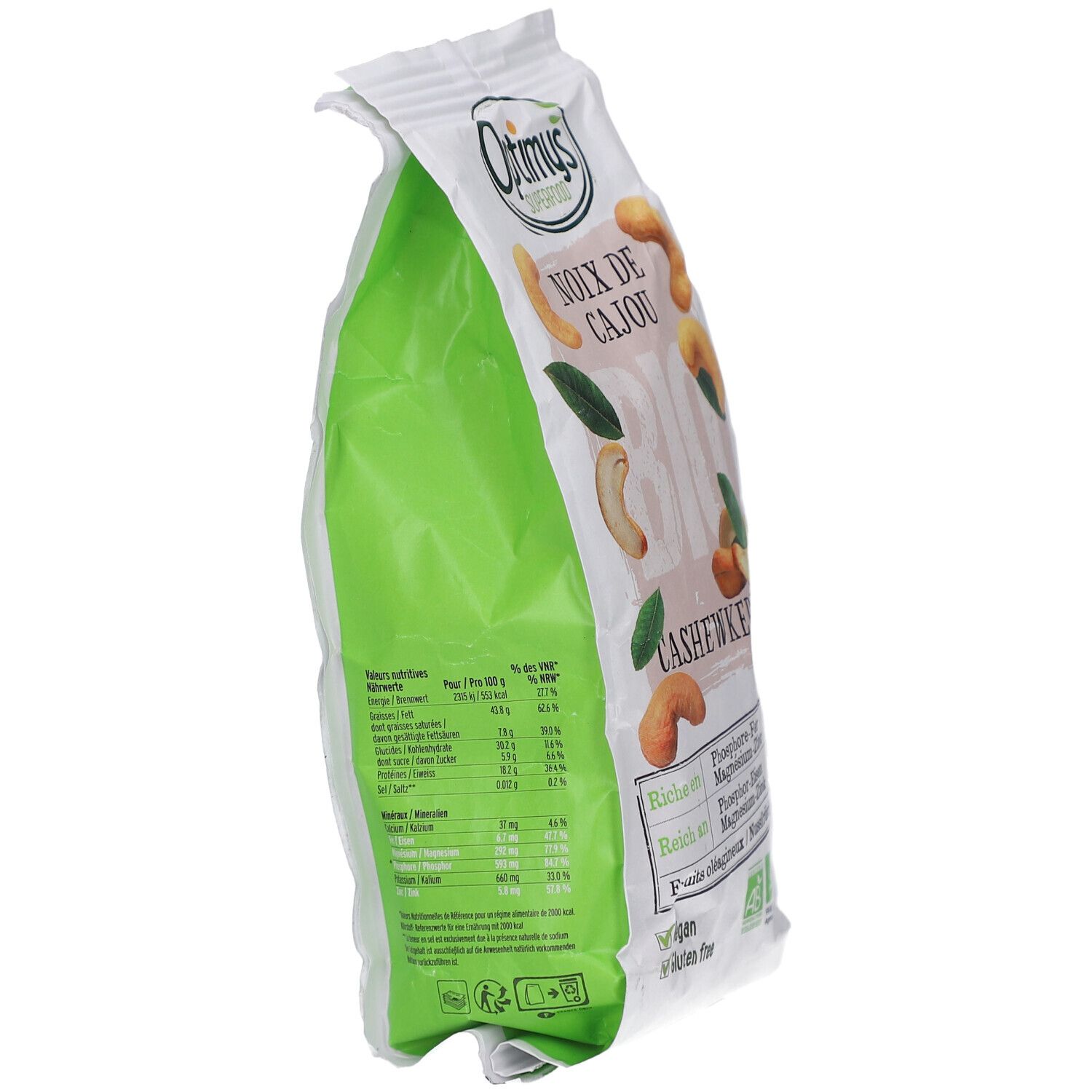 Emballage OPTIMYS Cashewkerne Bio. Sachet vert et blanc, informations nutritionnelles, label bio. Illustrations de noix.