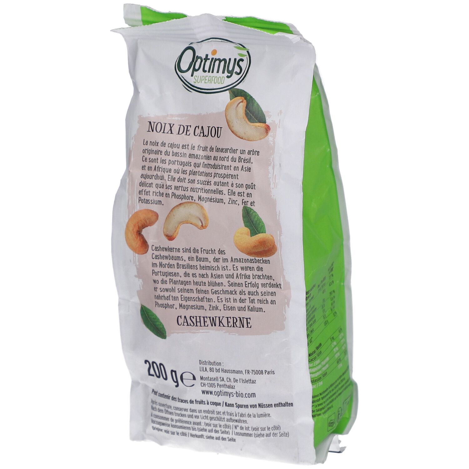 Dos du paquet OPTIMYS Cashewkerne Bio. Texte en allemand, français. 200g, label bio.