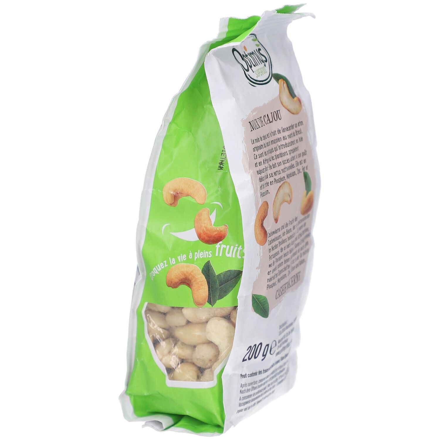 Emballage OPTIMYS Cashewkerne Bio. Fenêtre avec noix de cajou. 200g. Texte en allemand, français.